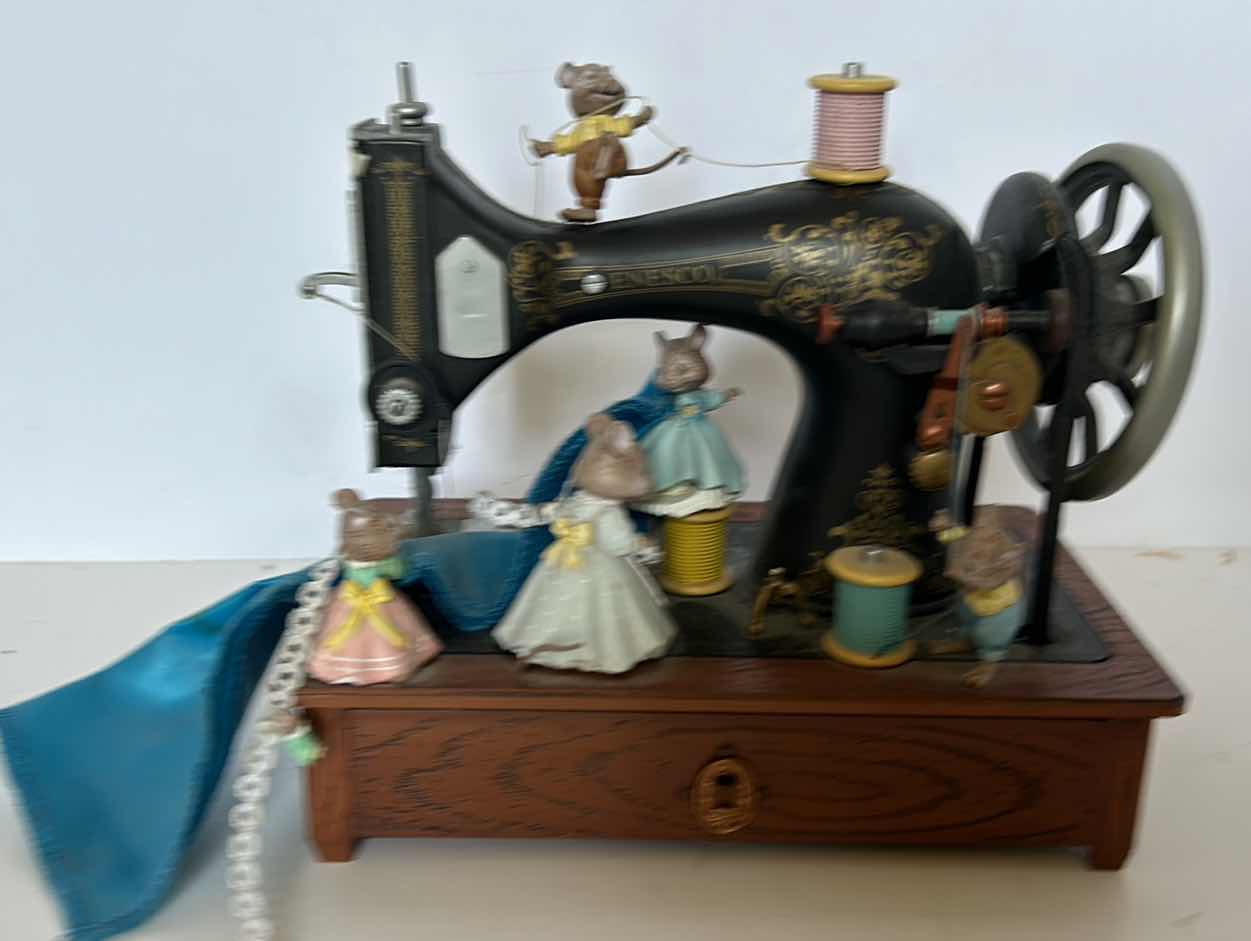 Photo 1 of ENESCO  MUSICAL SEWING MACHINE FIGURINE WITH MINIATURE MICE, PLAYS MY FAVORITE THINGS.