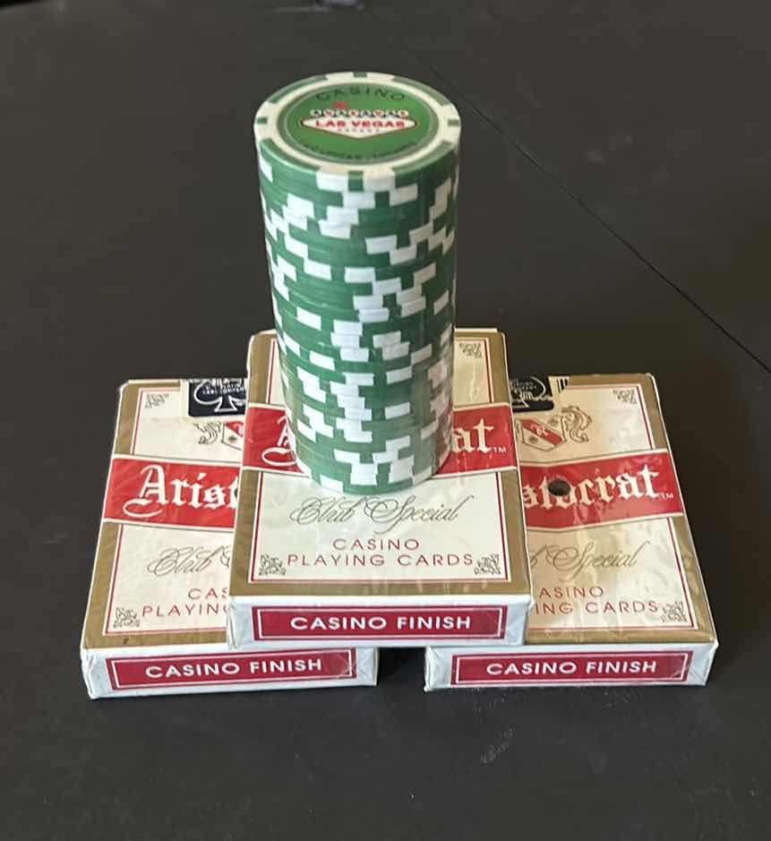 Photo 1 of 3 PACKS LAS VEGAS CASINO PLAYING CARDS AND STACK OF CHIPS