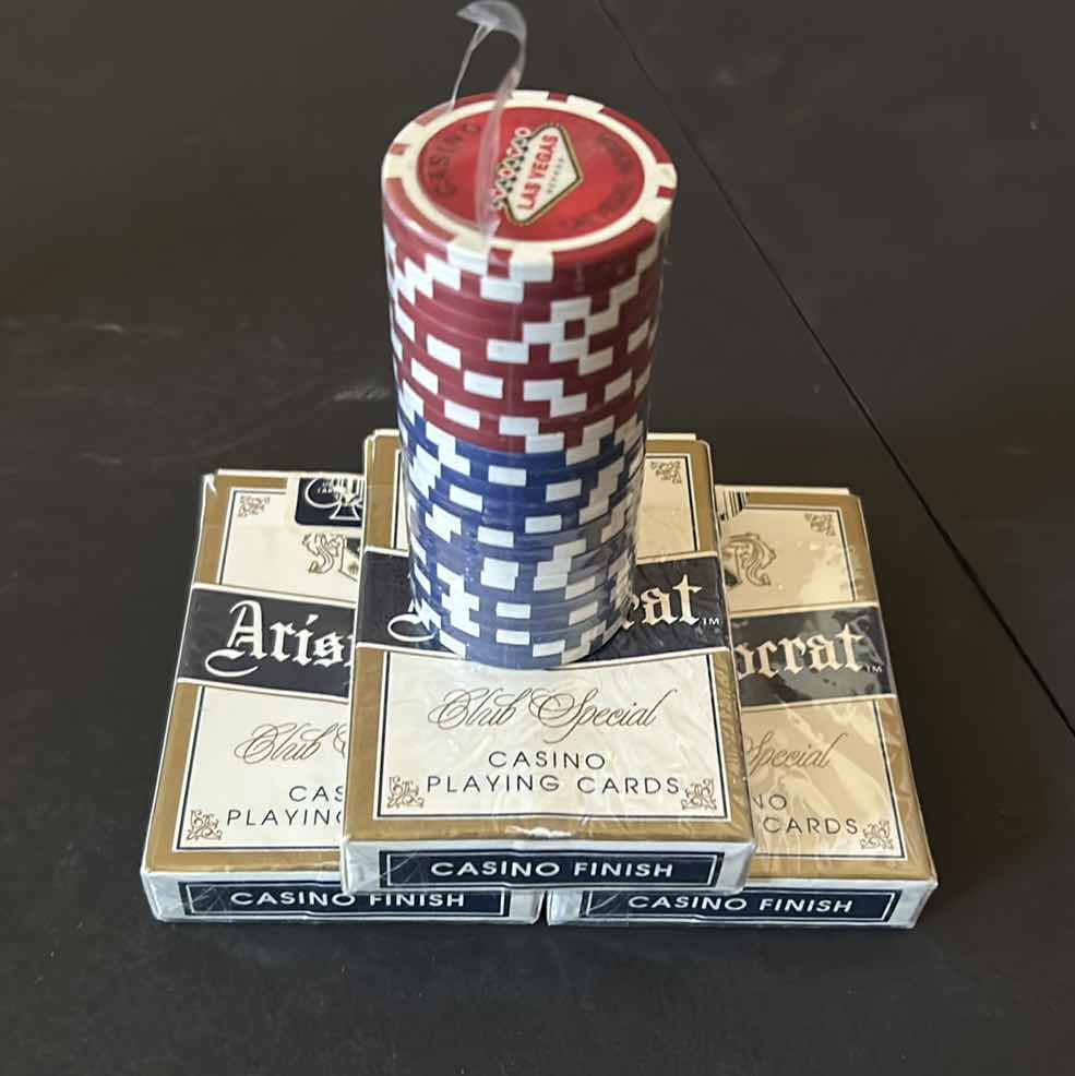 Photo 1 of 3 PACKS LAS VEGAS CASINO PLAYING CARDS AND STACK OF CHIPS