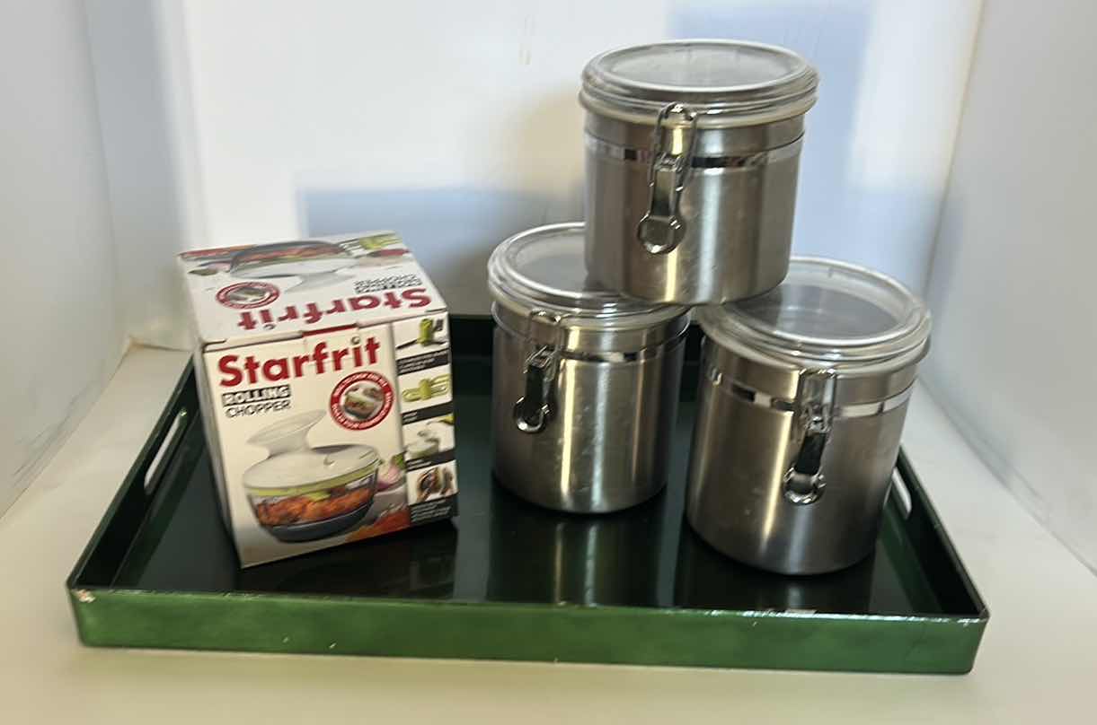 Photo 1 of KITCHEN ACCESSORIES- TRAY, CANISTERS, CHOPPER AND GREEN SERVING TRAY