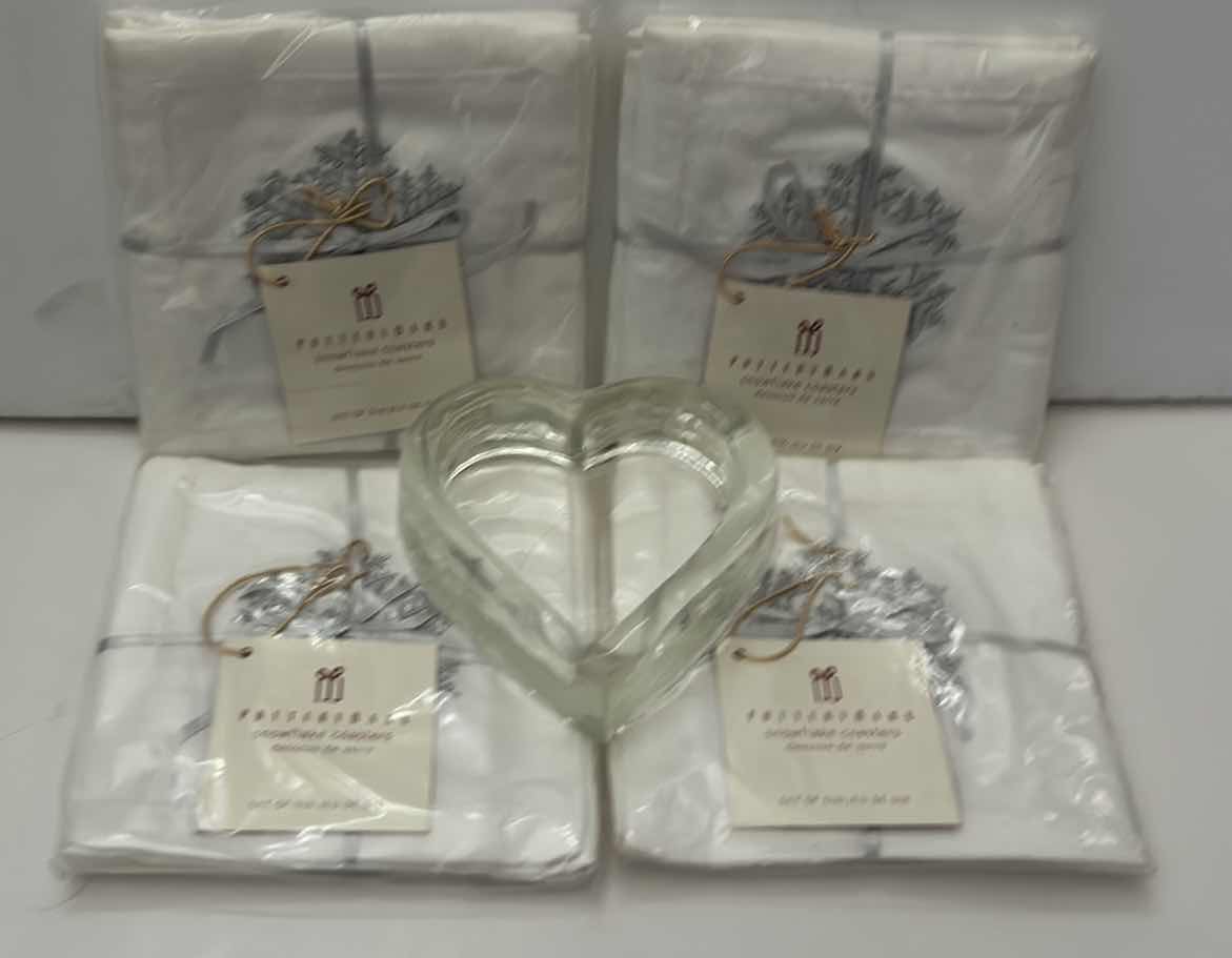 Photo 1 of 4 PACKS NEW POTTERY BARN EMBROIDERED SNOWFLAKE COASTERS AND HEART DISH