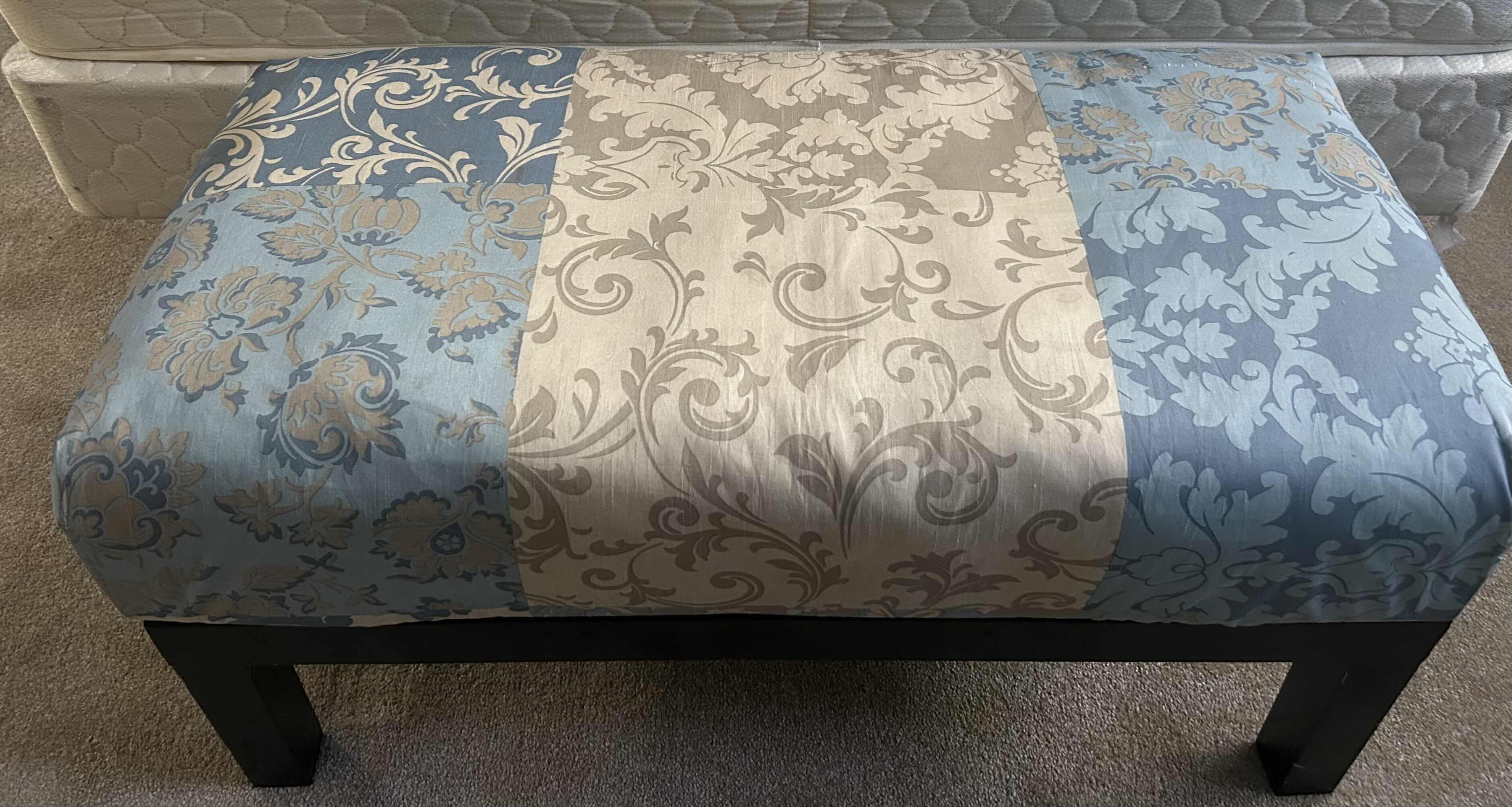 Photo 2 of BLUE AND IVORY UPHOLSTERED BENCH 37” x 19” x H18”