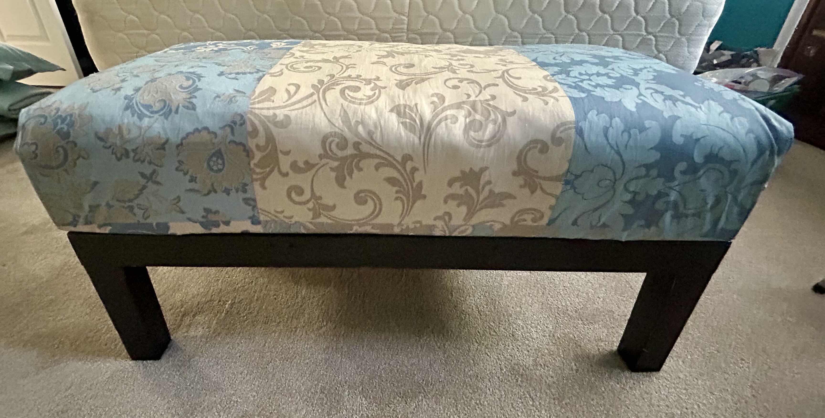 Photo 1 of BLUE AND IVORY UPHOLSTERED BENCH 37” x 19” x H18”