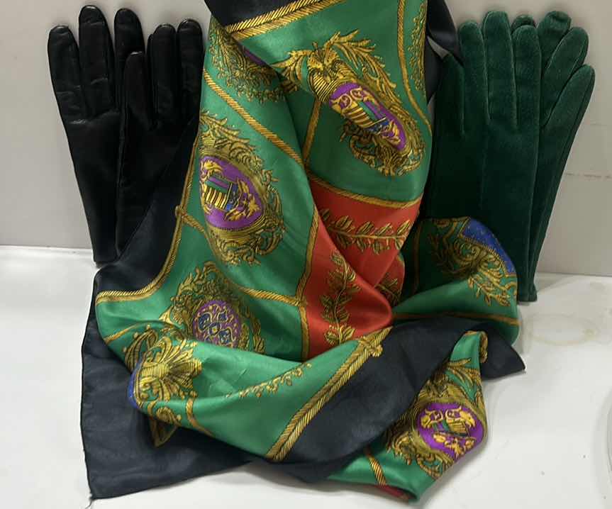 Photo 1 of WOMENS FASHION ACCESSORIES- ITALIAN SILK SCARF, 2 LEATHER GLOVES