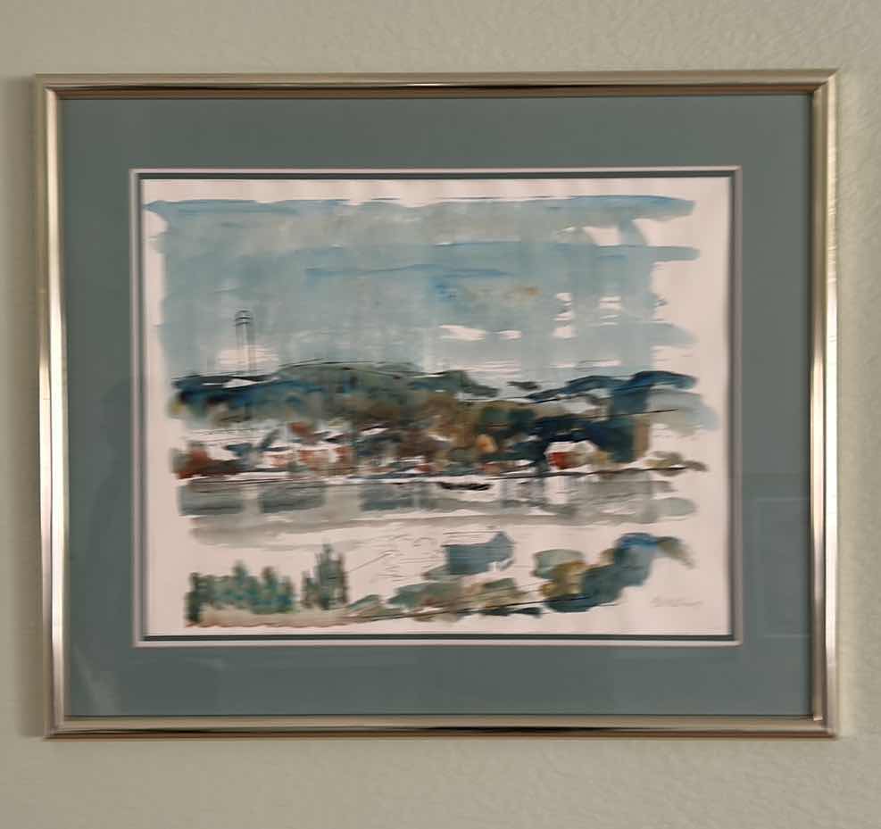 Photo 1 of FRAMED, SIGNED, ORIGINAL WATERCOLOR, “SAILBOAT
VILLAGE”  BY BIRDSEY ARTWORK.27.5” x 23.5”