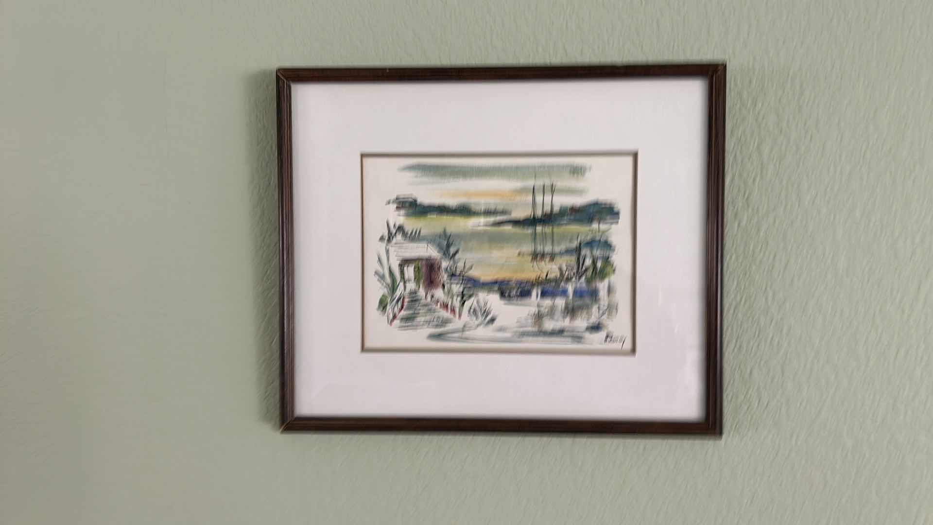 Photo 2 of WOOD-FRAMED WATERCOLOR, “SEASIDE VILLAGE” ARTIST-SIGNED BIRDSEY. 18” X 15”. APPRAISAL $400- 500