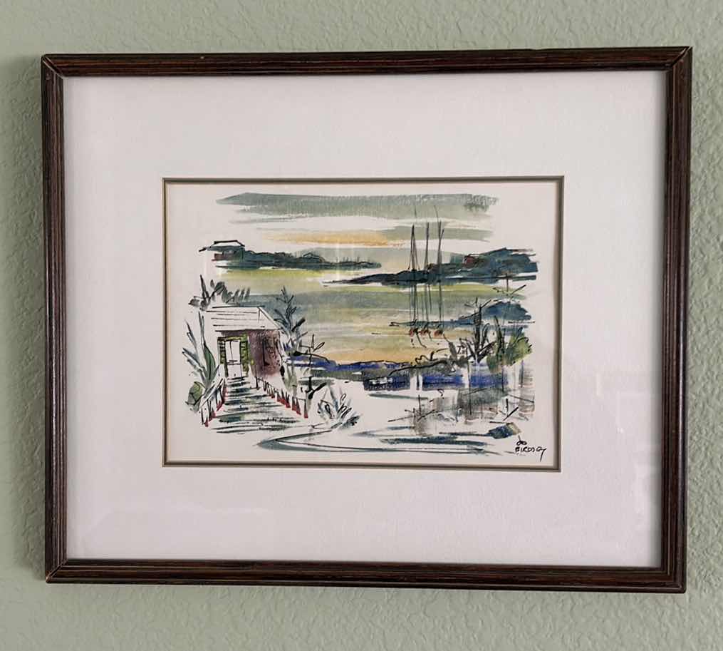 Photo 1 of WOOD-FRAMED WATERCOLOR, “SEASIDE VILLAGE” ARTIST-SIGNED BIRDSEY. 18” X 15”. APPRAISAL $400- 500