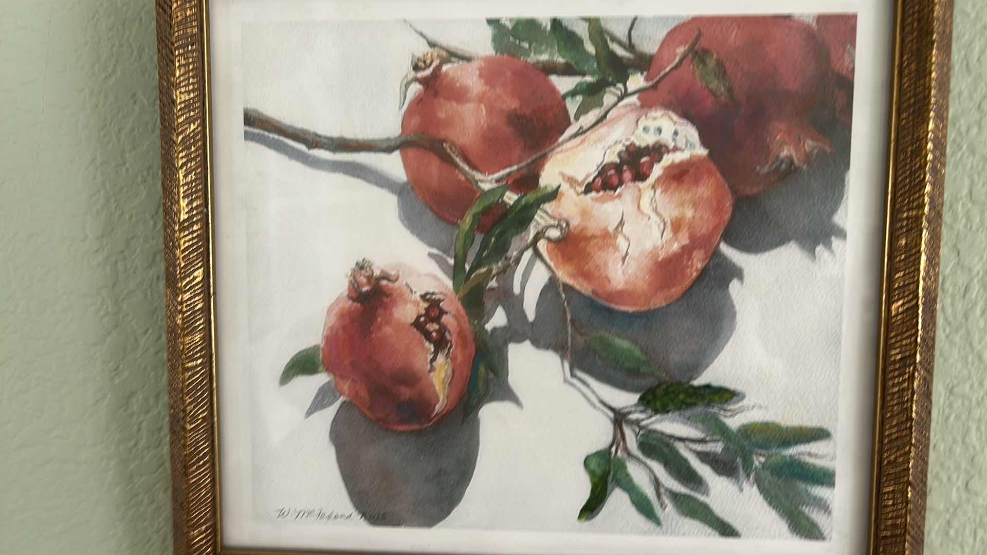 Photo 2 of ANTIQUE GOLD-FRAMED “POMEGRANATE” WATERCOLOR BY W. MCFARLAND NWS. ARTWORK 12.5” X 11.25”.