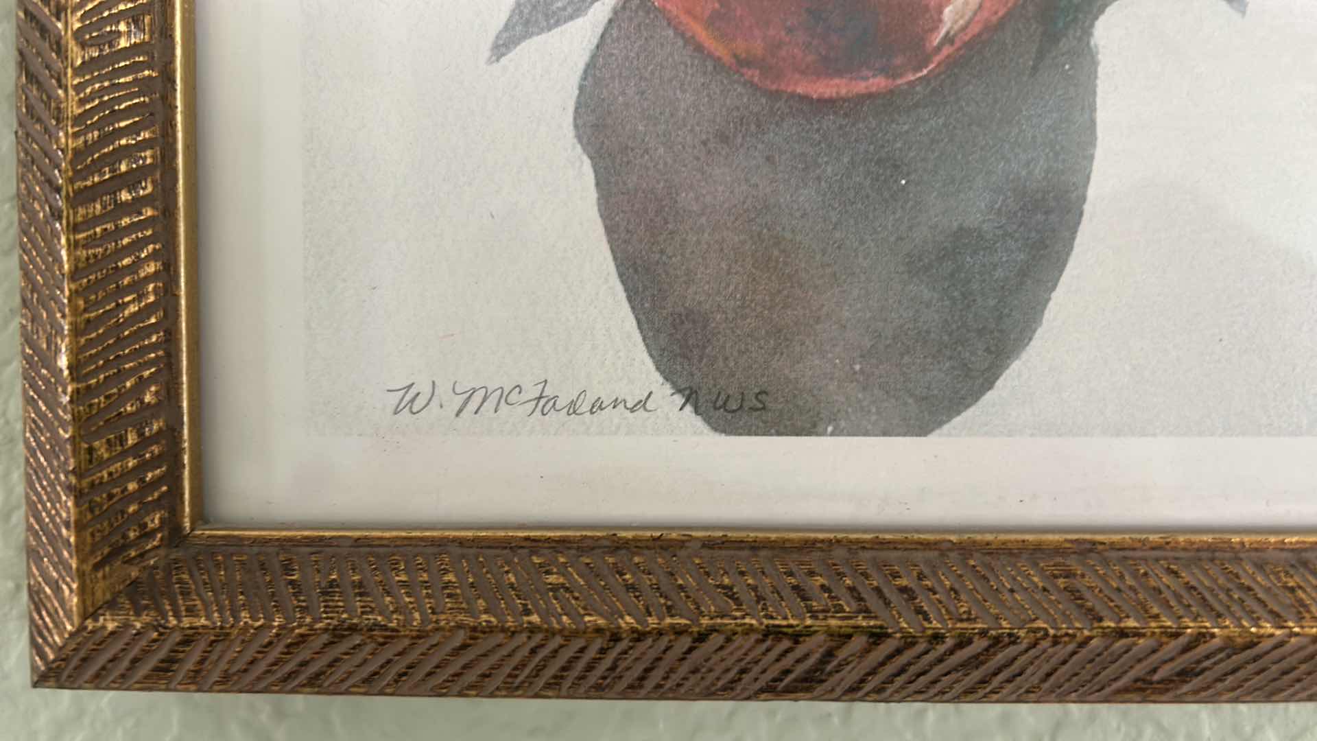 Photo 3 of ANTIQUE GOLD-FRAMED “POMEGRANATE” WATERCOLOR BY W. MCFARLAND NWS. ARTWORK 12.5” X 11.25”.