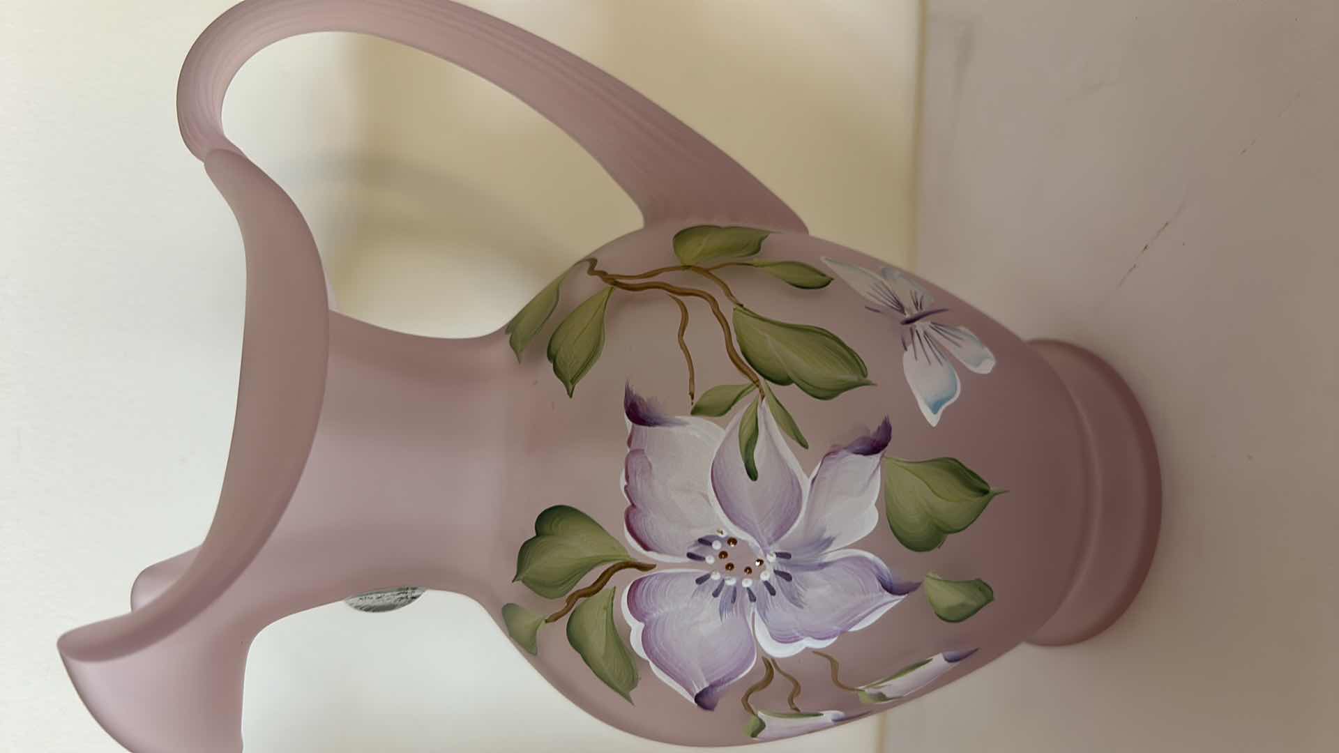 Photo 2 of FENTON HANDPAINTED PINK CHIFFON FLOWERED PITCHER H8.75”