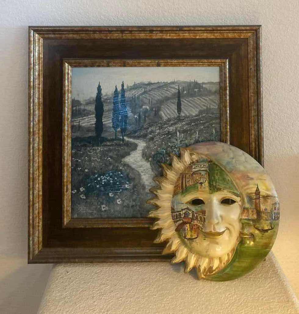 Photo 1 of AUTHENTIC VENETIAN HAND PAINTED 3 DIMENSIONAL 9” PLATE  & FRAMED LANDSCAPE 18” x 18”