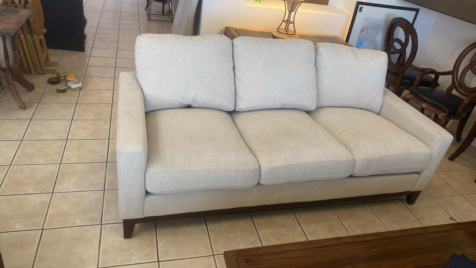 Photo 4 of 7’ OATMEAL COLOR FABRIC SOFA WITH WOOD LEGS WITH 2 TOSS PILLOWS (2 available each sold separately)