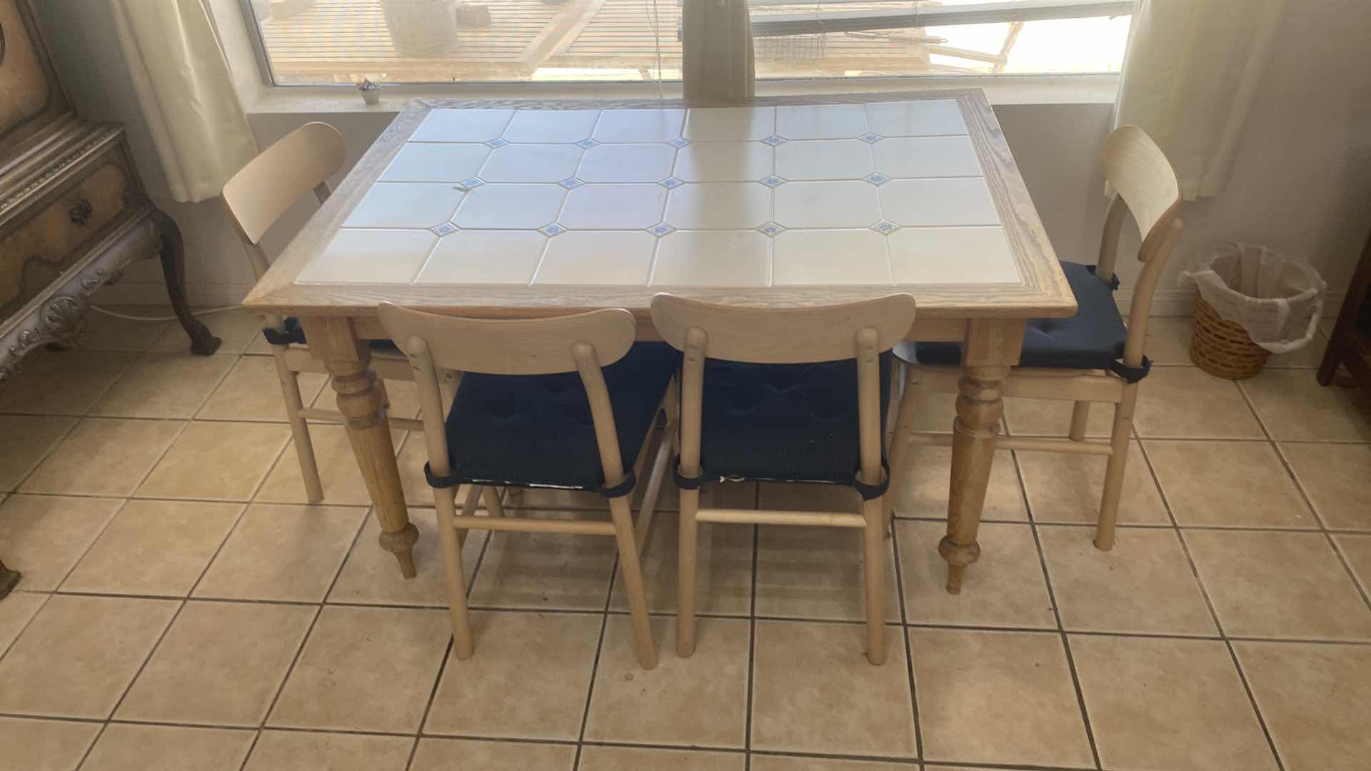 Photo 2 of 5 PIECE INFORMAL DINING OAK TABLE WITH TILE TOP & 4 MAPLE CHAIRS 53 1/2” x 37 1/2“ H 29 1/2“