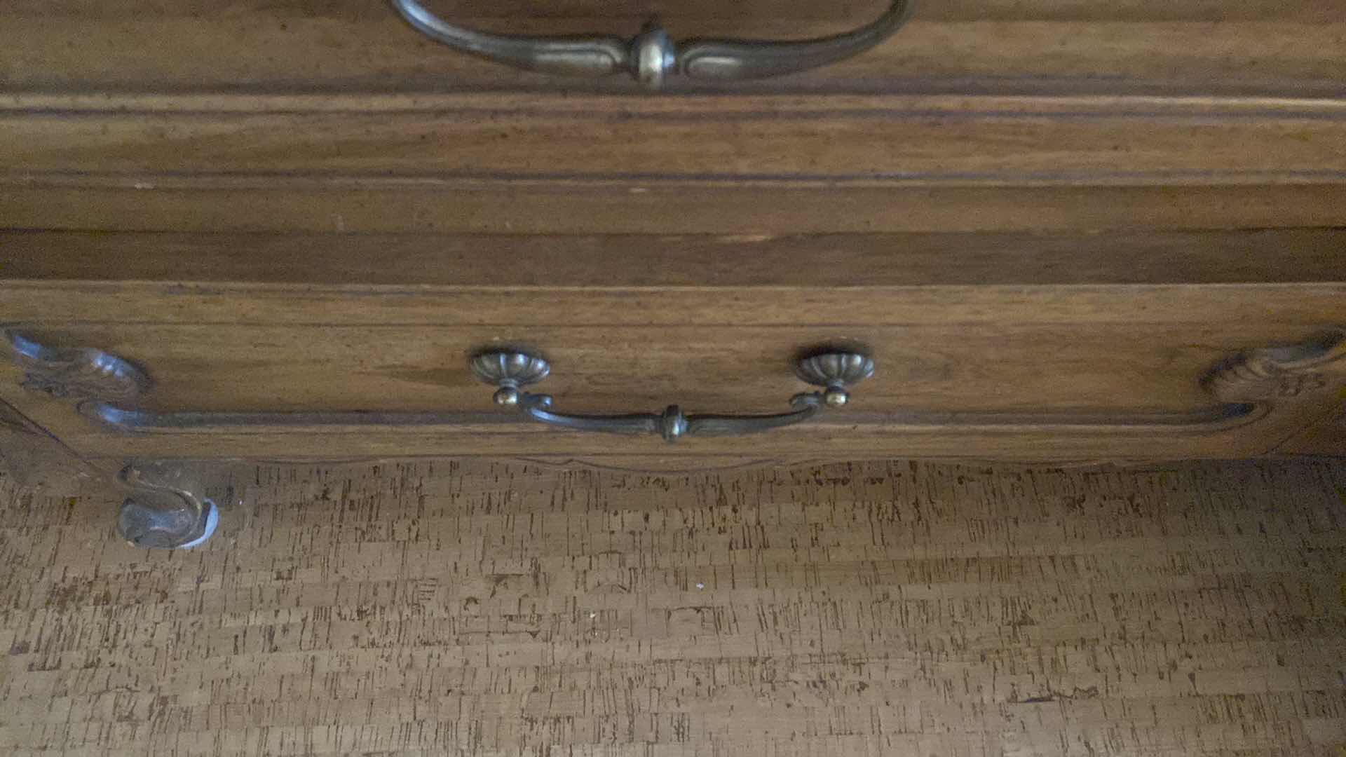 Photo 7 of VINTAGE MCM MOUNT AIRY N. CAROLINA FURNITURE CO. WALNUT 9 DRAWER DRESSER WITH GLASS ON TOP 78” x 19” H 33” GLASS IS CRACKED 1 DRAWER NEEDS ADJUSTMENT (more pieces available all sold separately i.e. two nightstands 6 drawer, chest and mirror)