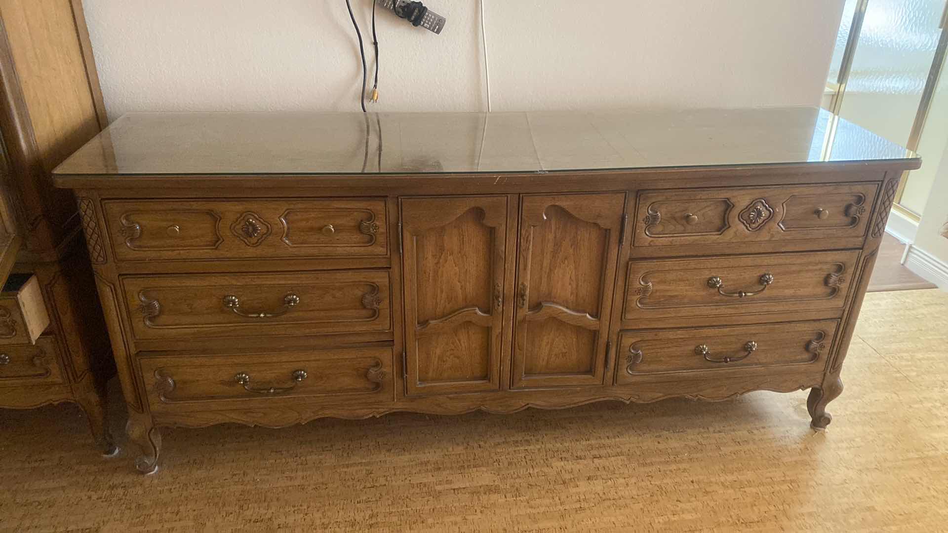 Photo 2 of VINTAGE MCM MOUNT AIRY N. CAROLINA FURNITURE CO. WALNUT 9 DRAWER DRESSER WITH GLASS ON TOP 78” x 19” H 33” GLASS IS CRACKED 1 DRAWER NEEDS ADJUSTMENT (more pieces available all sold separately i.e. two nightstands 6 drawer, chest and mirror)