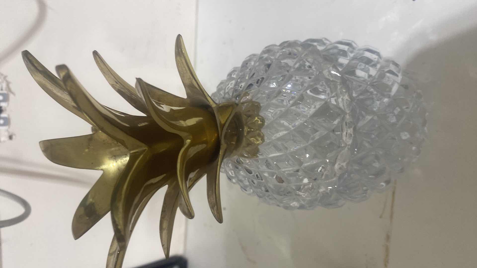 Photo 1 of GLASS PINEAPPLE WITH BRASS TOP H9 1/2” & GLASS FISH H4”