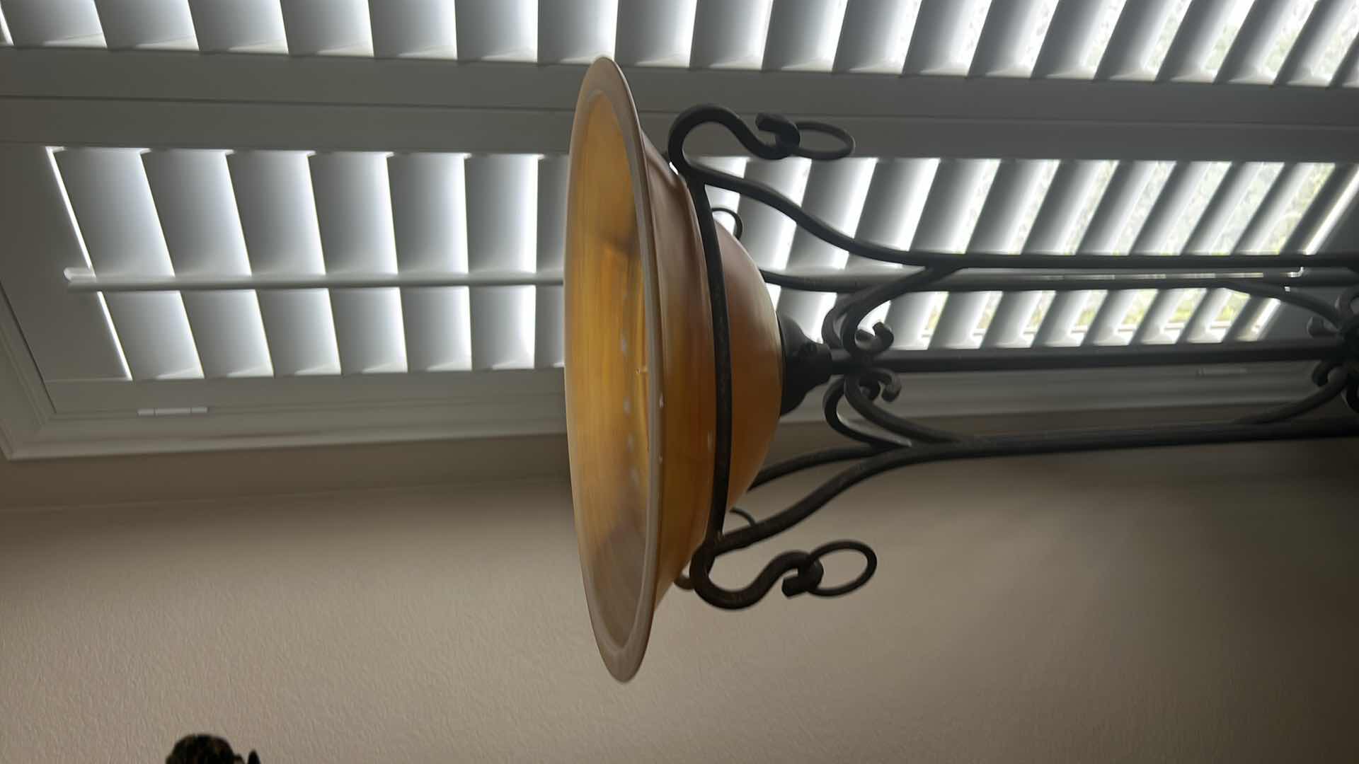 Photo 1 of 6' WROUGHT IRON ART DECO FLOOR LAMP W AMBER BOWL UP GLASS LIGHT
