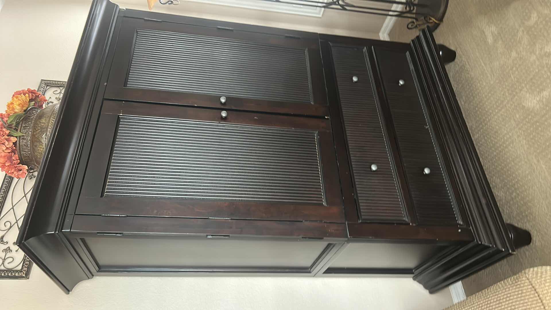 Photo 1 of BLACK WOOD ARMOIRE MEDIA CABINET W 2 DRAWERS 55“ x 26 1/2“ x H80 1/2“