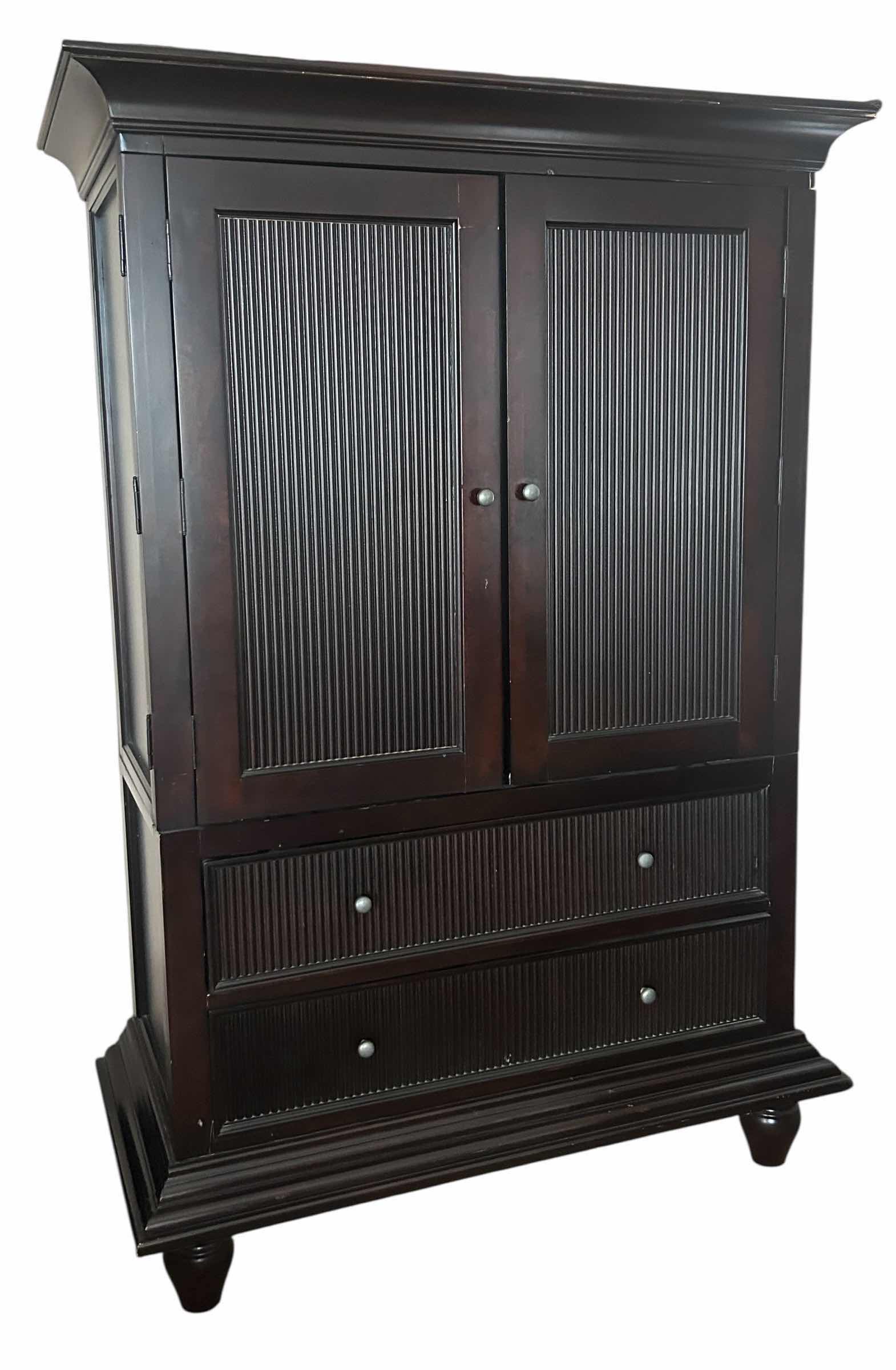 Photo 1 of BLACK WOOD ARMOIRE MEDIA CABINET W 2 DRAWERS 55“ x 26 1/2“ x H80 1/2“