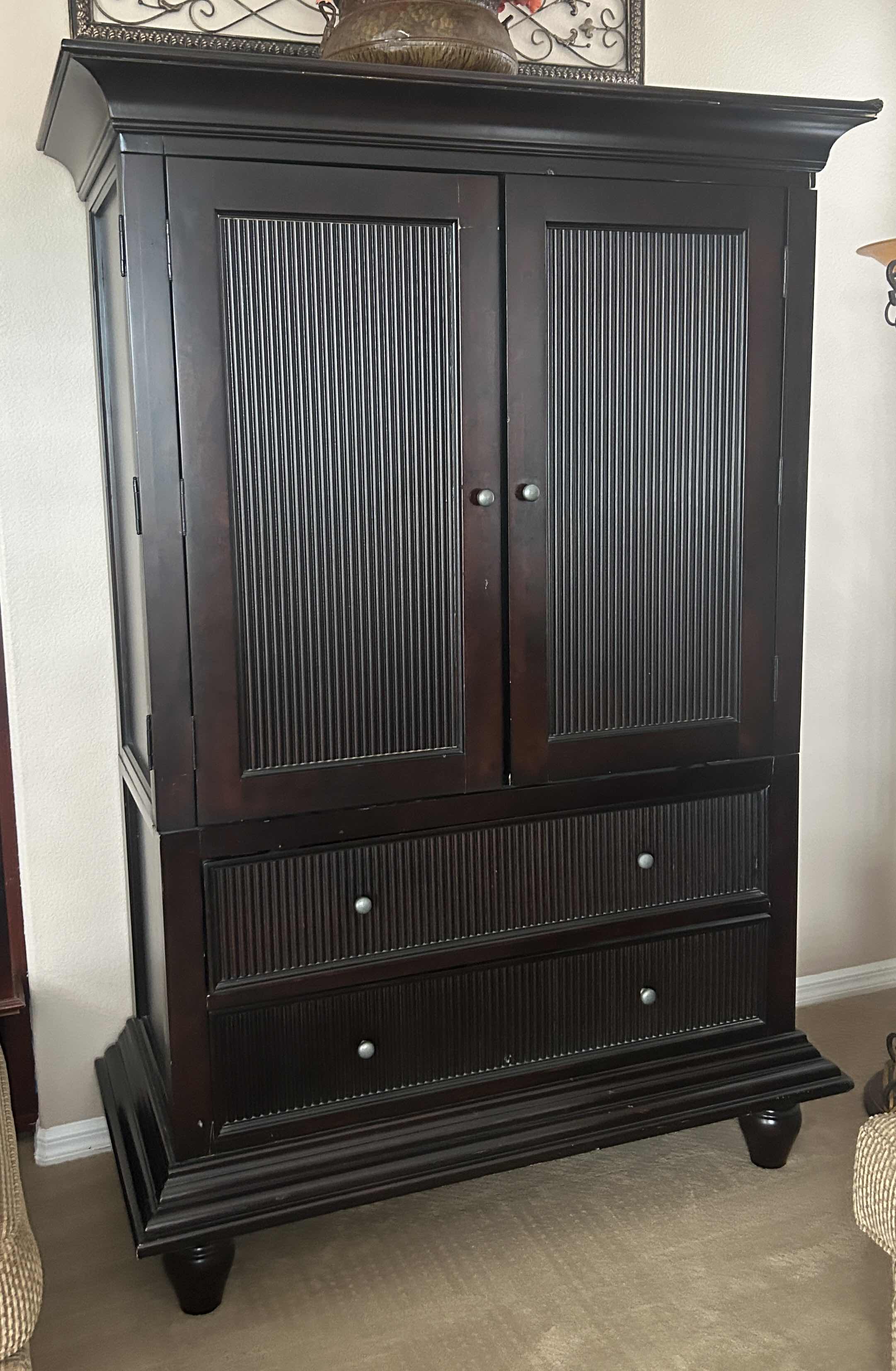 Photo 1 of BLACK WOOD ARMOIRE MEDIA CABINET W 2 DRAWERS 55“ x 26 1/2“ x H80 1/2“