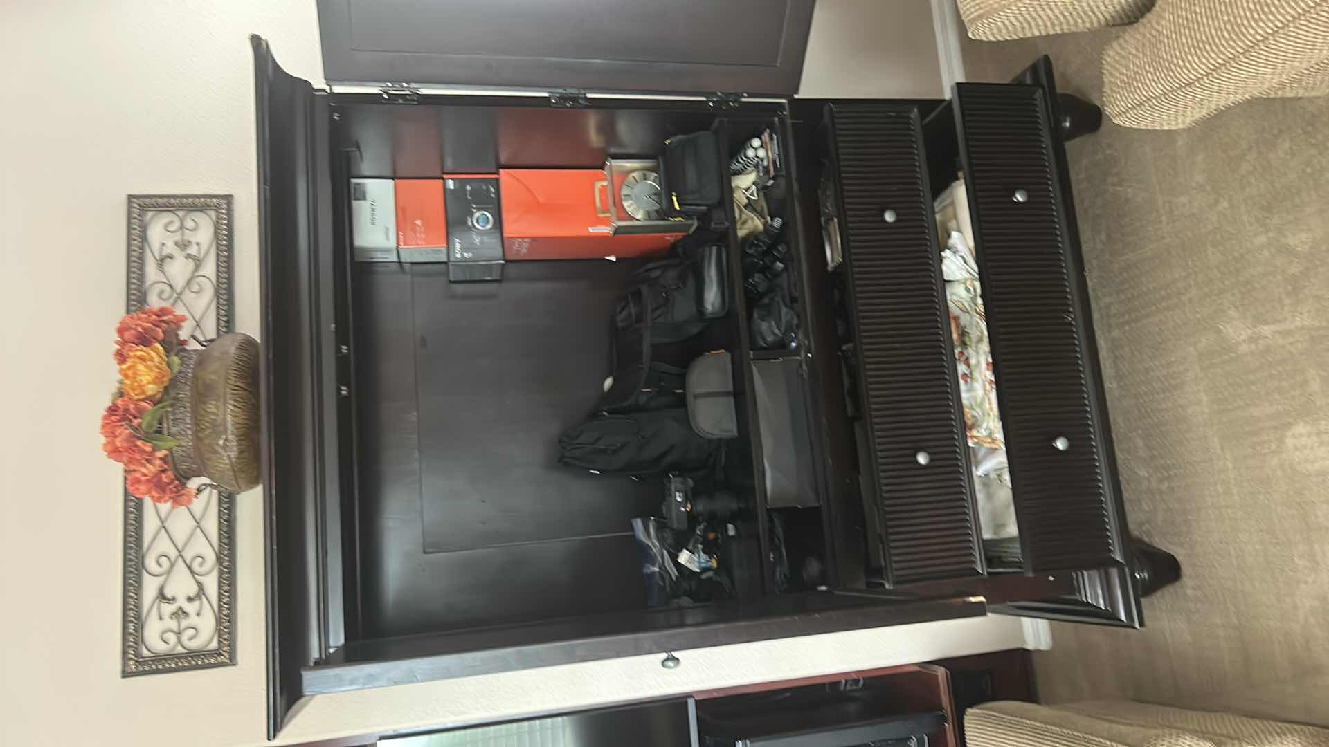 Photo 1 of BLACK WOOD ARMOIRE MEDIA CABINET W 2 DRAWERS 55“ x 26 1/2“ x H80 1/2“
