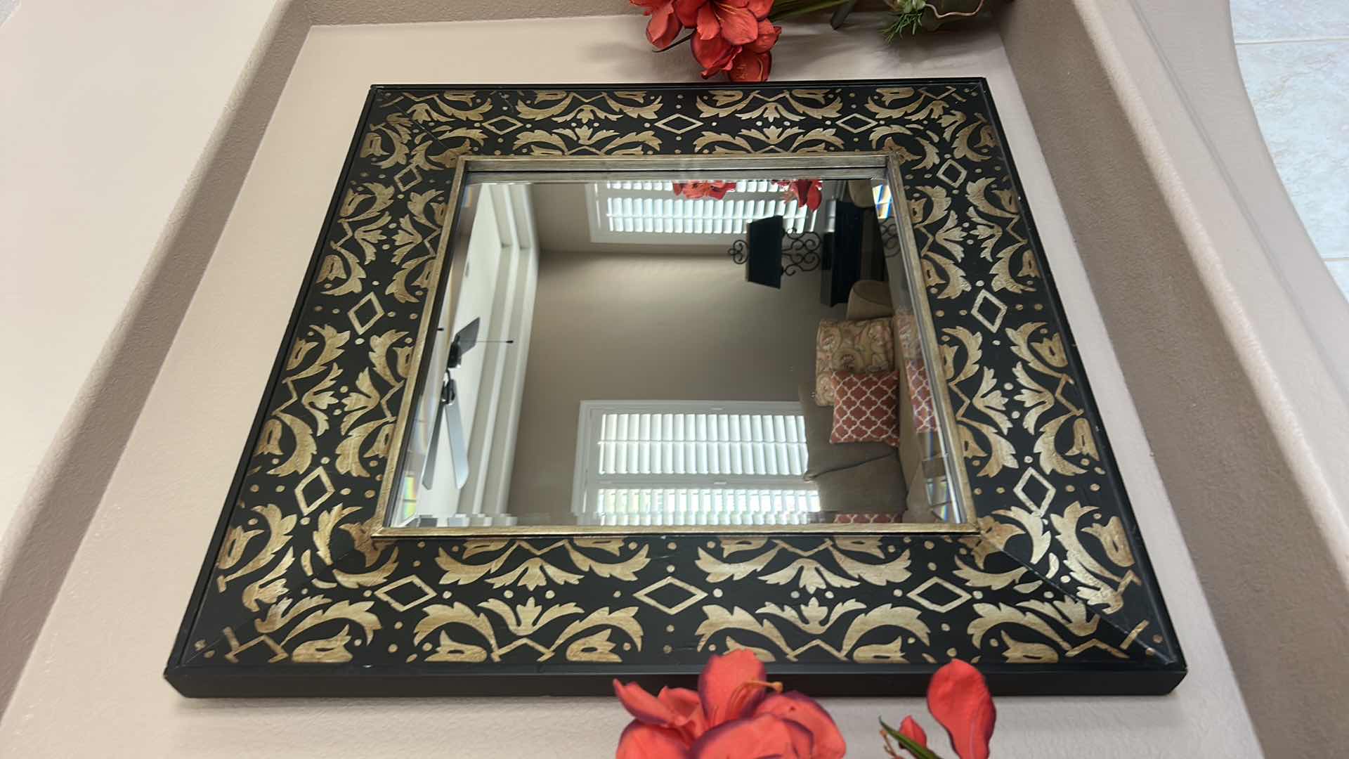 Photo 1 of BLACK W GOLD WOOD FRAMED DOUBLE BORDER BEVELED GLASS MIRROR 3’ x 3’