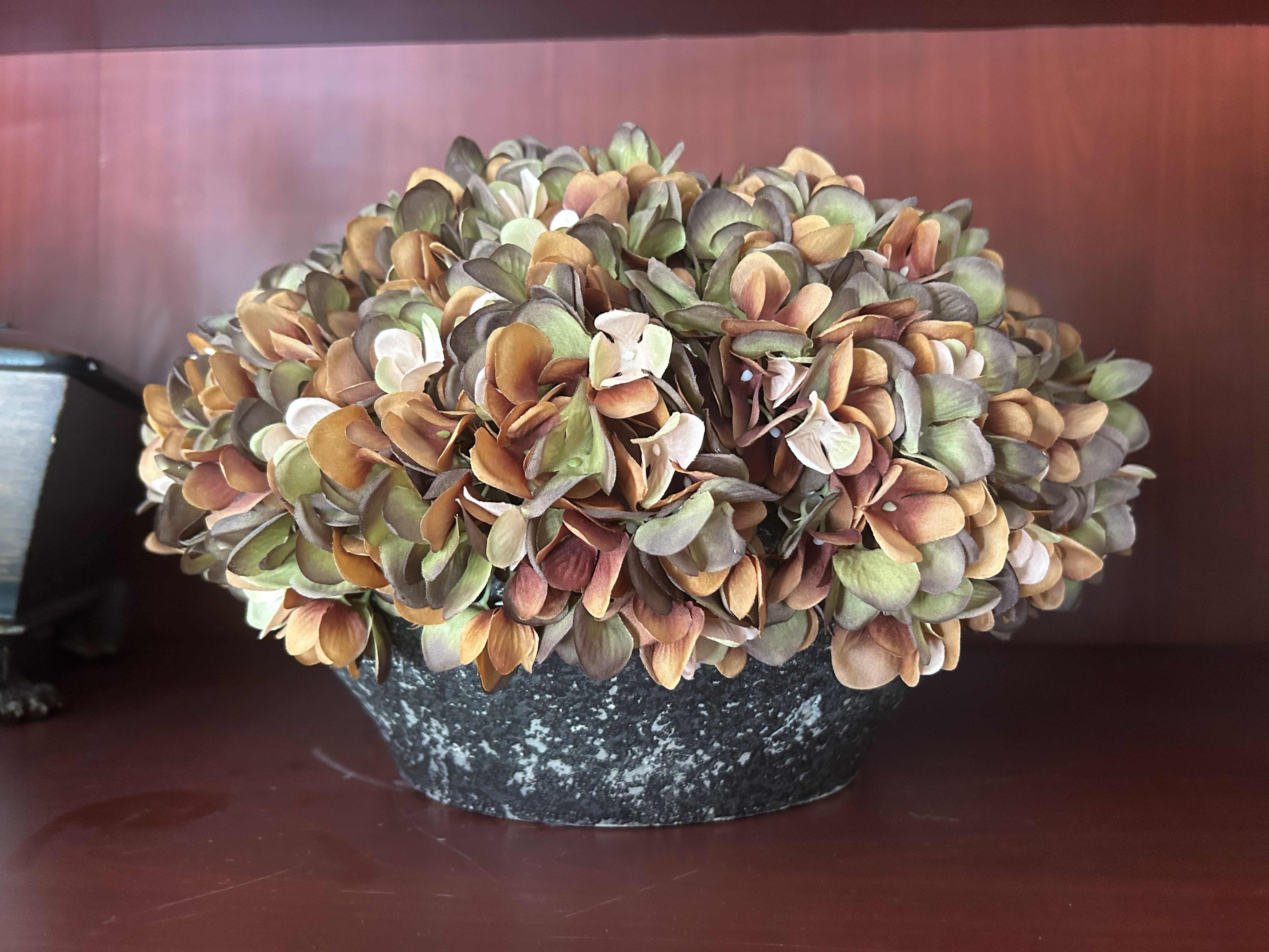 Photo 1 of HEAVY CERAMIC POT W FAUX FLORAL ARRANGEMENT 14” x 10”