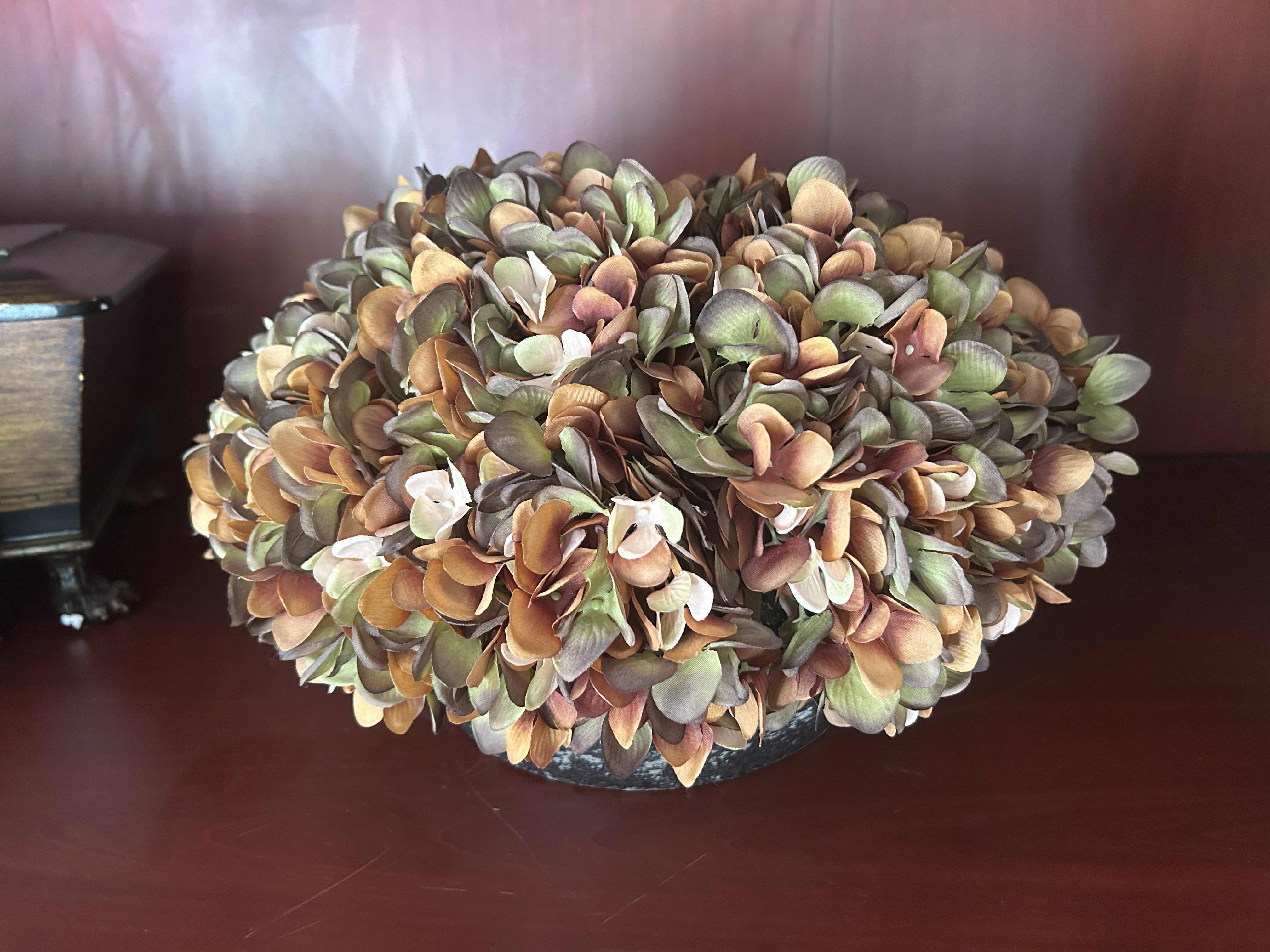 Photo 1 of HEAVY CERAMIC POT W FAUX FLORAL ARRANGEMENT 14” x 10”