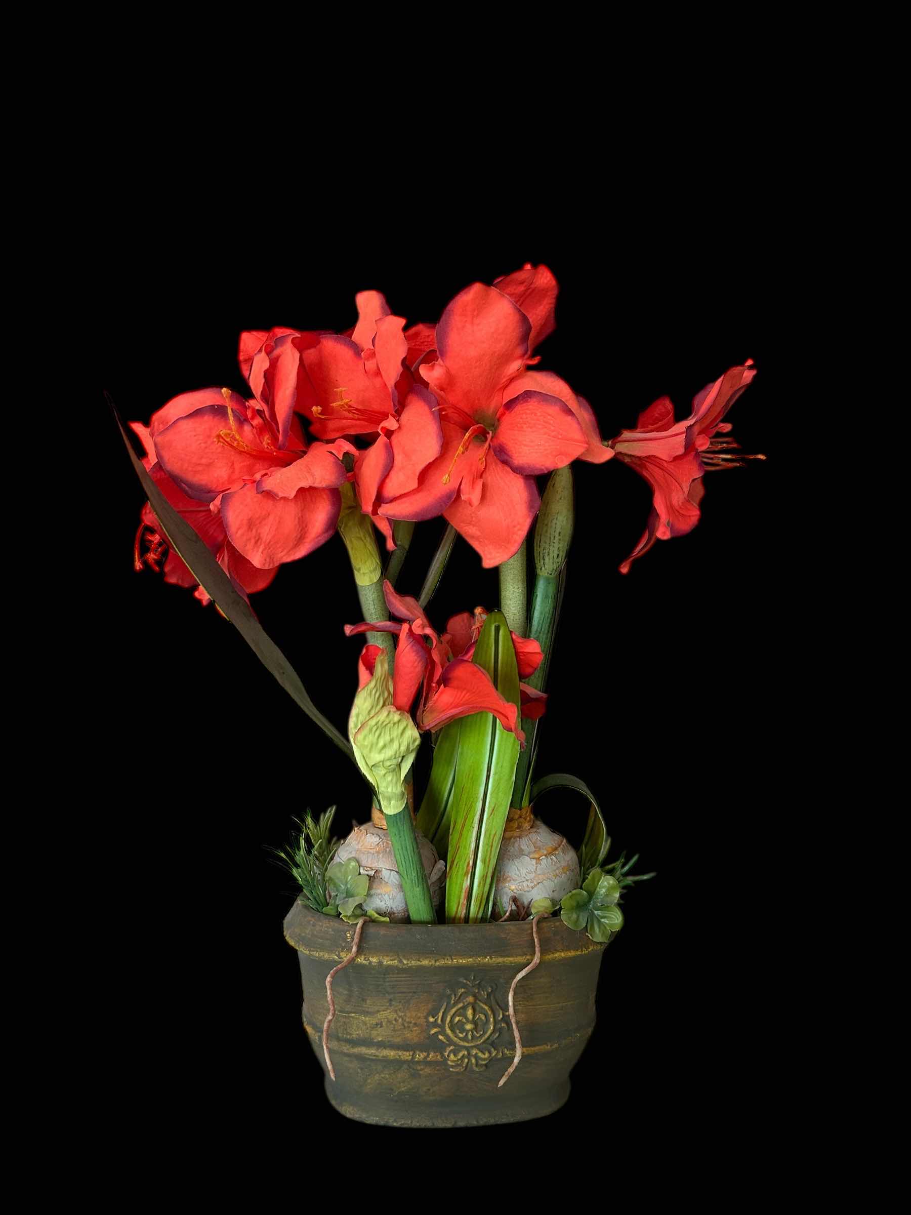 Photo 1 of RUST AMARYLLIS IN OVAL CERAMIC POT WITH FAUX FLORAL H26”