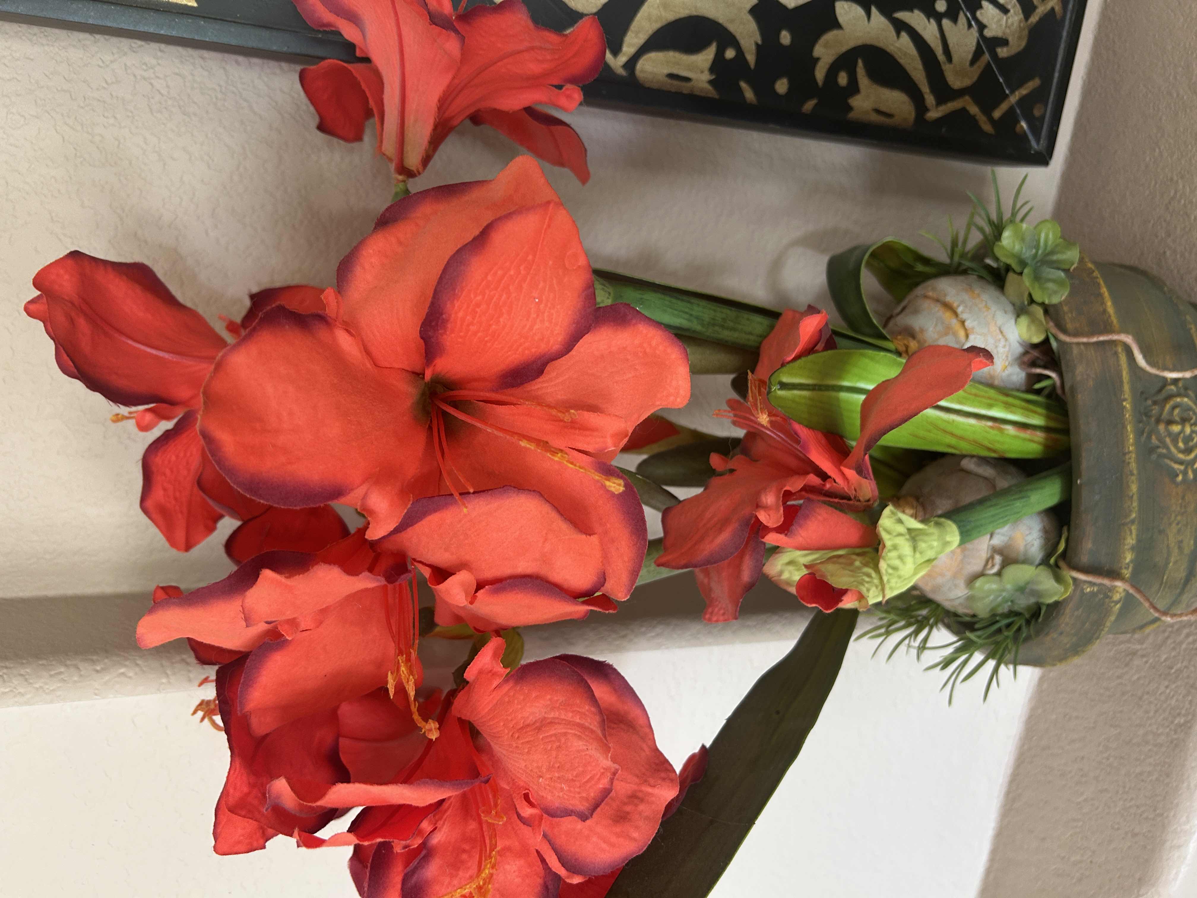 Photo 1 of RUST AMARYLLIS IN OVAL CERAMIC POT WITH FAUX FLORAL H26”