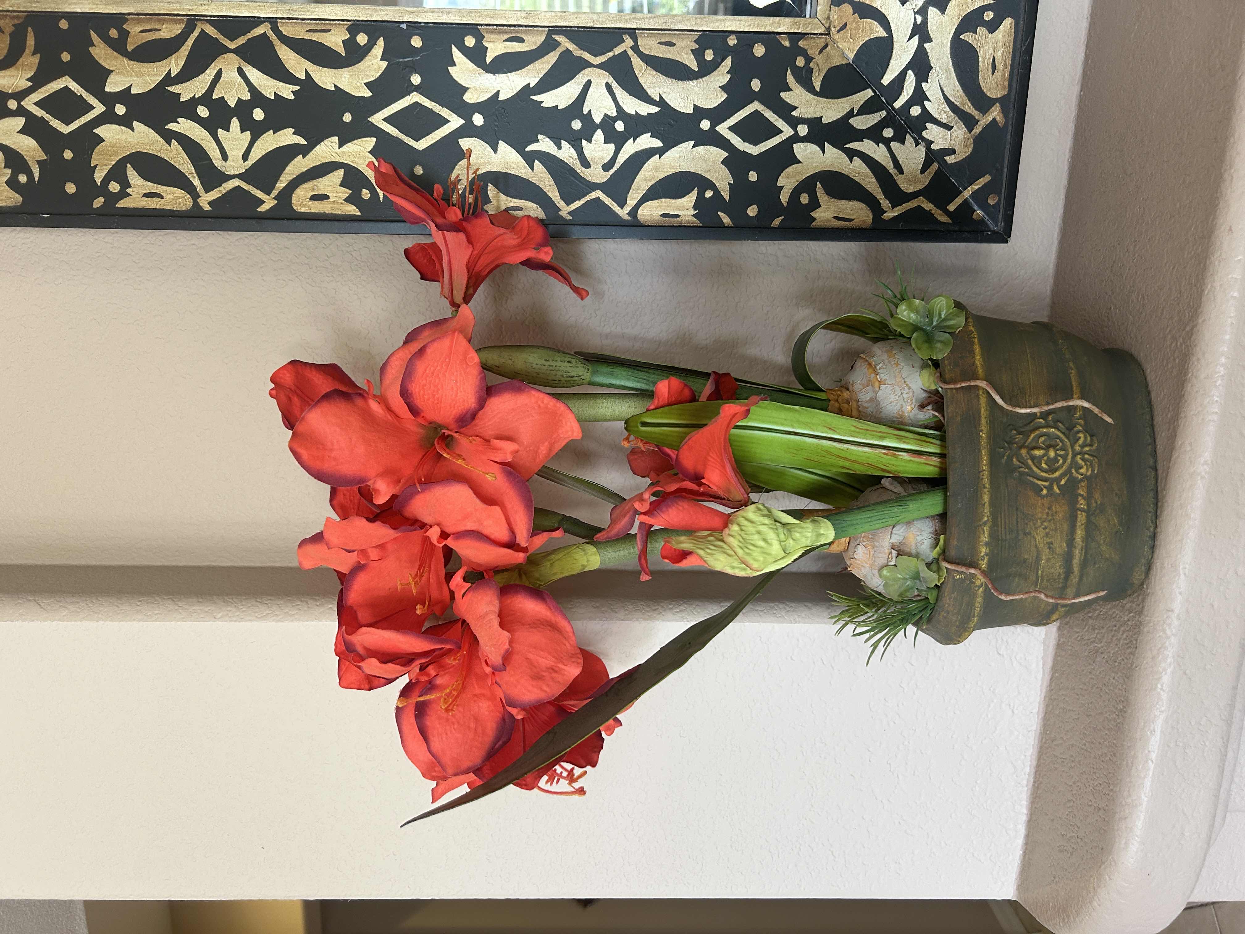 Photo 1 of RUST AMARYLLIS IN OVAL CERAMIC POT WITH FAUX FLORAL H26”