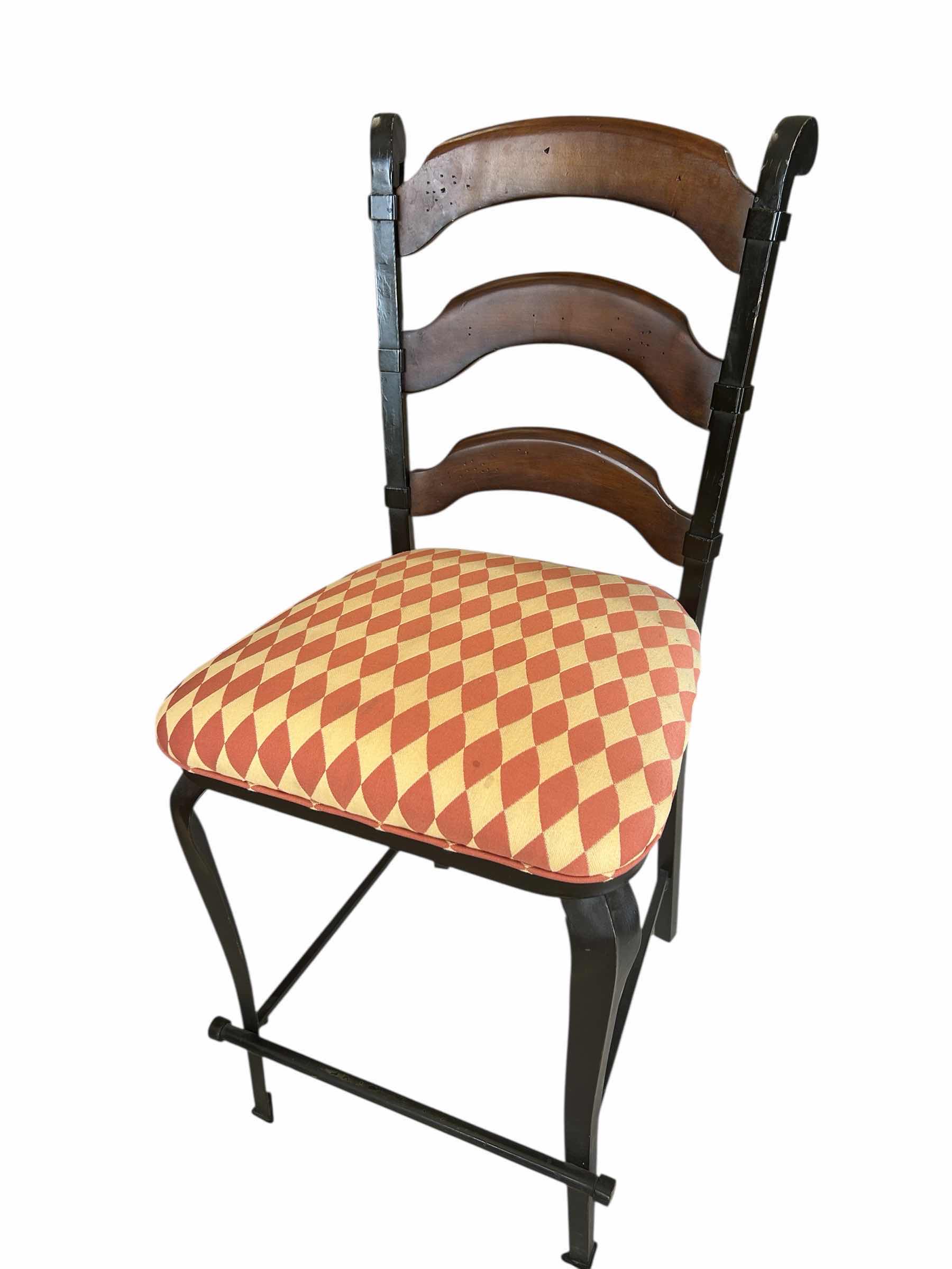 Photo 1 of LADDER BACK WOOD W IRON BARSTOOL W DIAMOND DESIGN FABRIC SEAT- SEAT H 24”