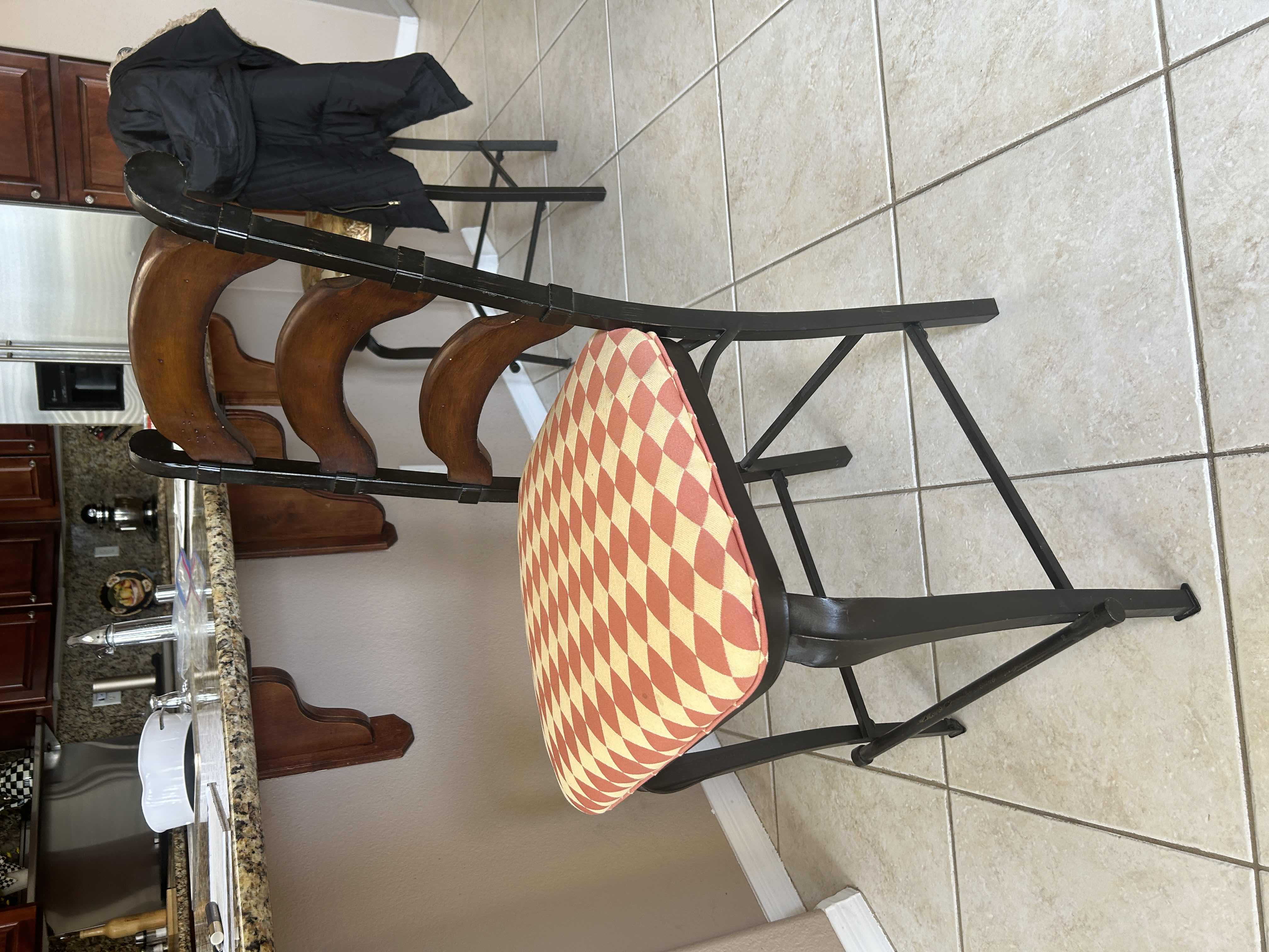 Photo 1 of LADDER BACK WOOD W IRON BARSTOOL W DIAMOND DESIGN FABRIC SEAT SEAT H 24”