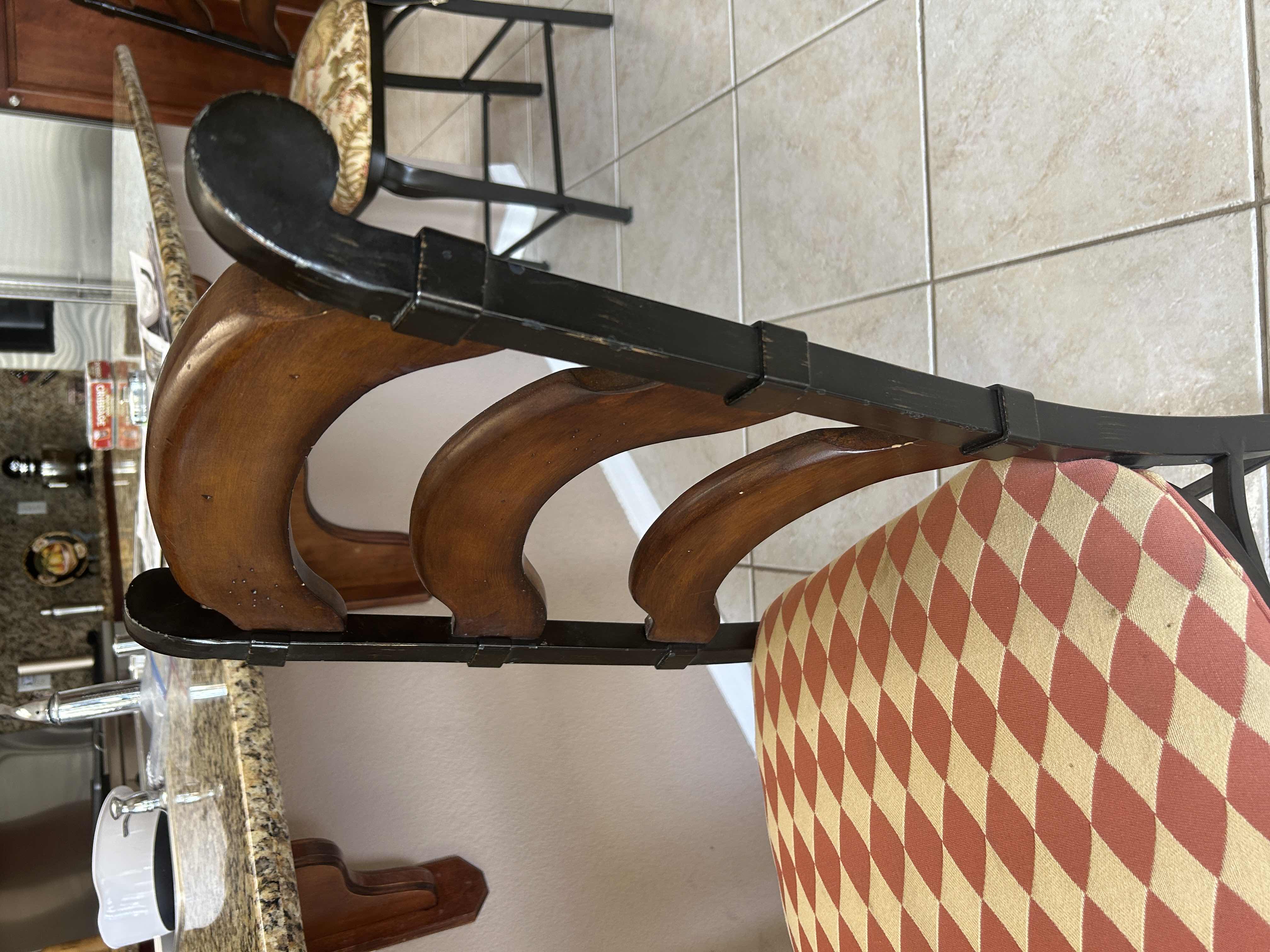 Photo 1 of LADDER BACK WOOD W IRON BARSTOOL W DIAMOND DESIGN FABRIC SEAT- SEAT  H 24”