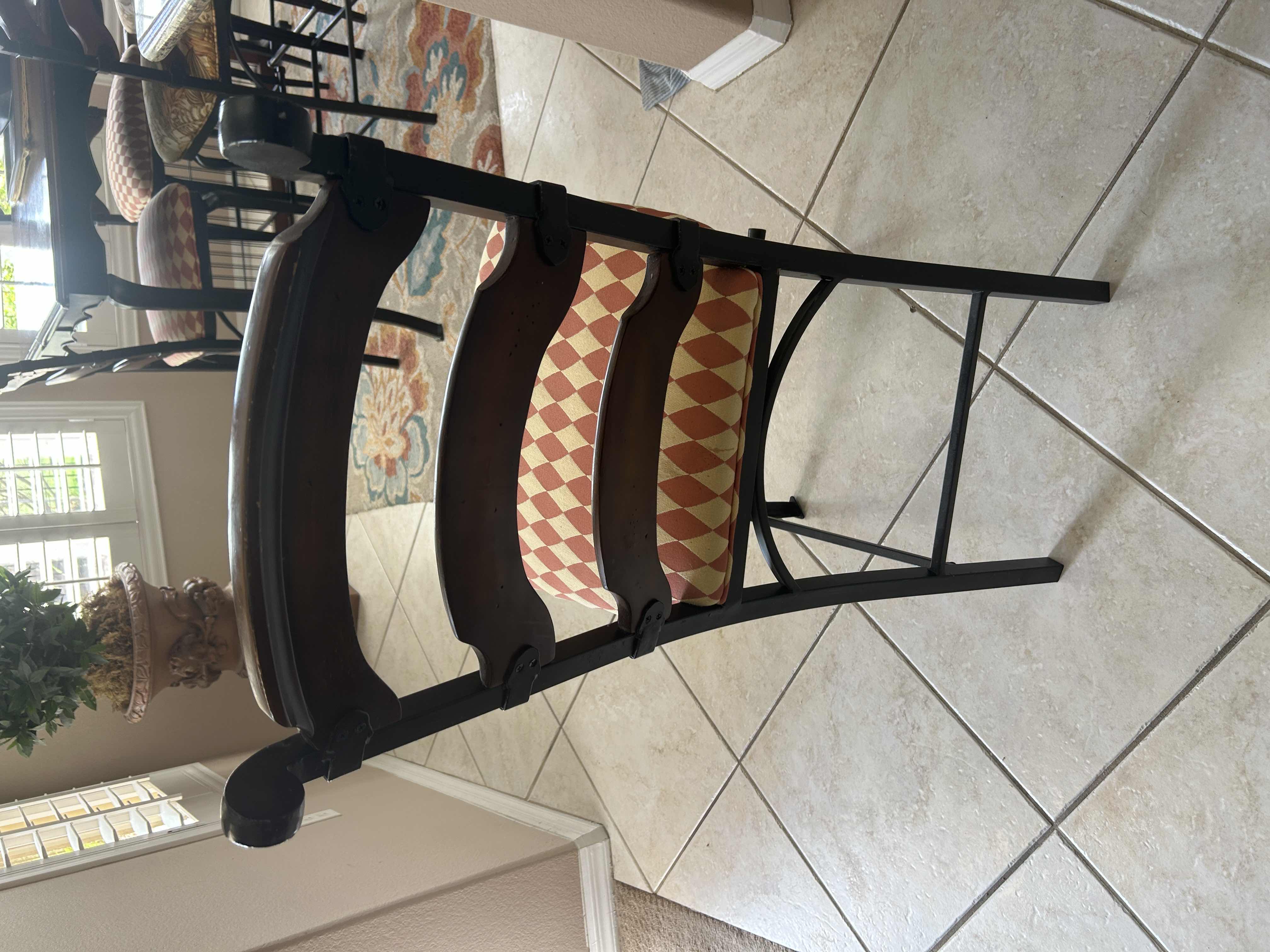 Photo 1 of LADDER BACK WOOD W IRON BARSTOOL W DIAMOND DESIGN FABRIC SEAT-SEAT H24”