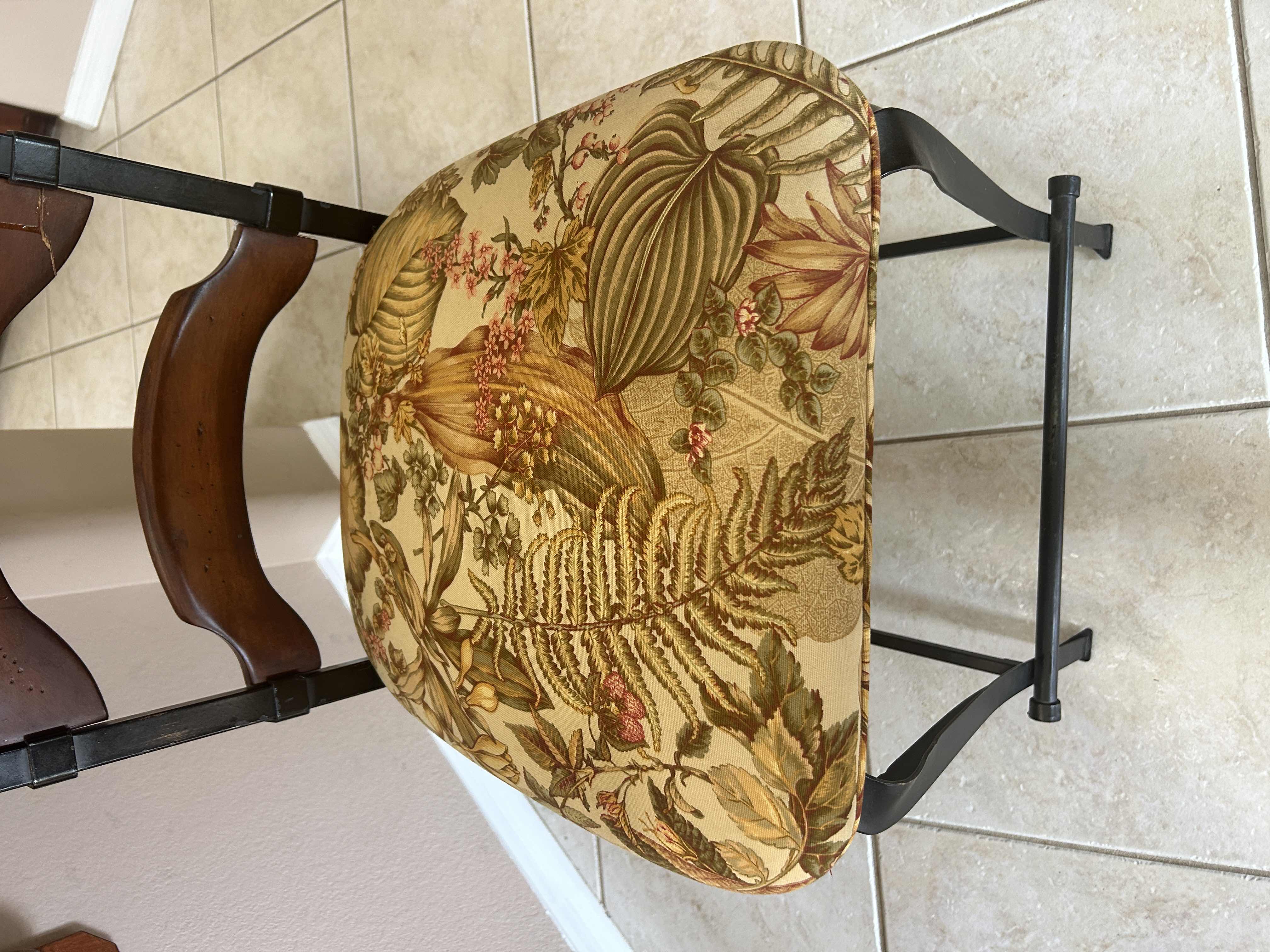 Photo 1 of LADDER BACK WOOD W IRON BARSTOOL W FLORAL DESIGN FABRIC SEAT-SEAT H24”