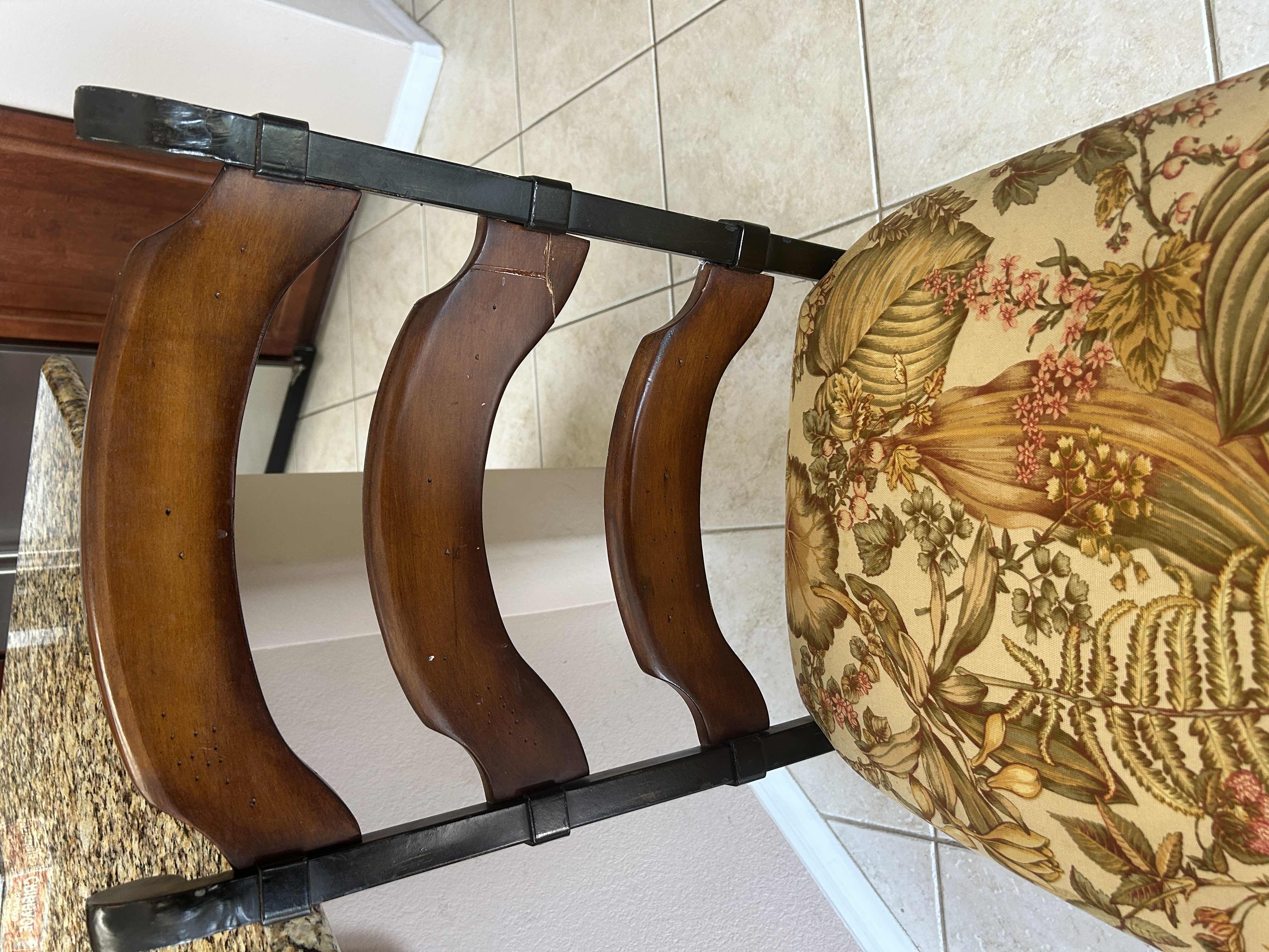 Photo 1 of LADDER BACK WOOD W IRON BARSTOOL W FLORAL DESIGN FABRIC SEAT H24”