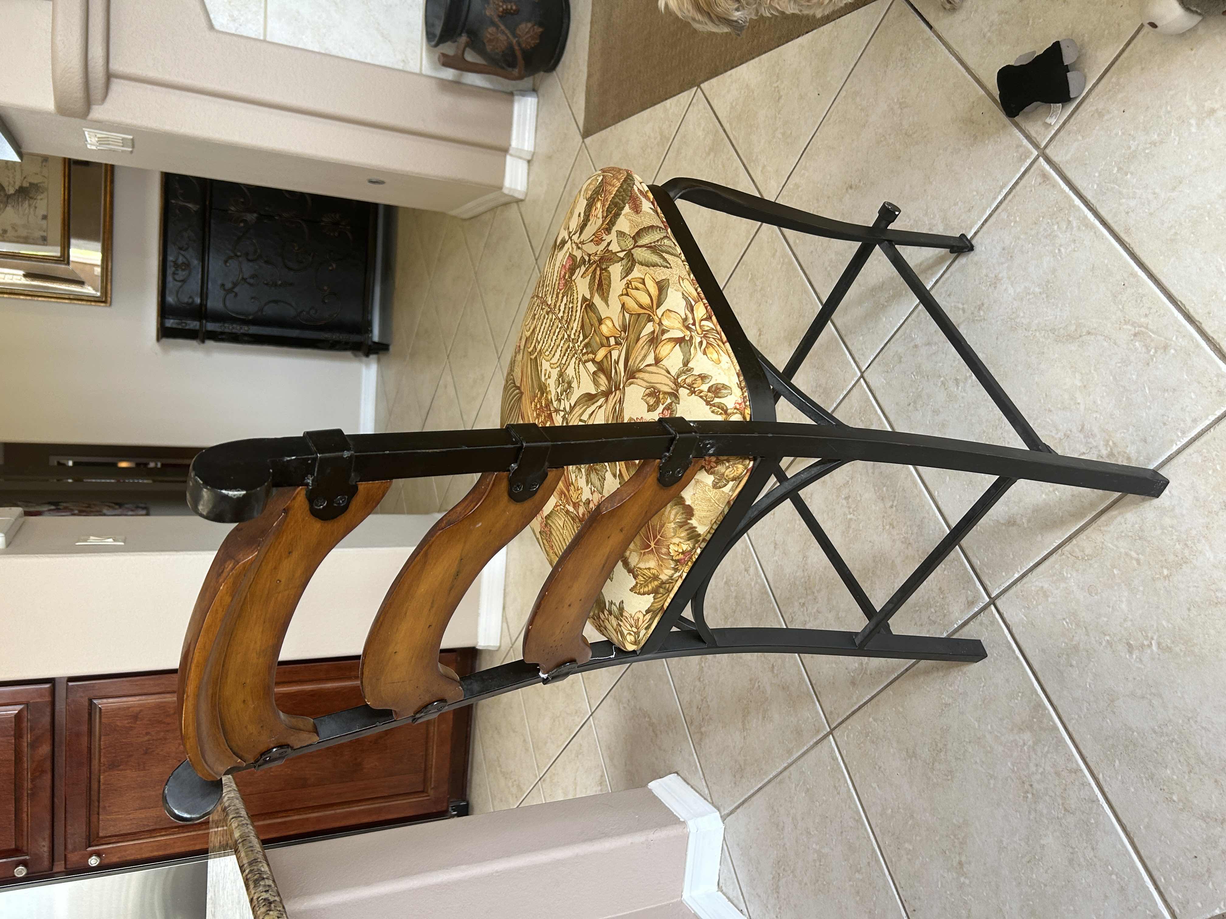 Photo 1 of LADDER BACK WOOD W IRON BARSTOOL W FLORAL DESIGN FABRIC SEAT-SEAT H24" 