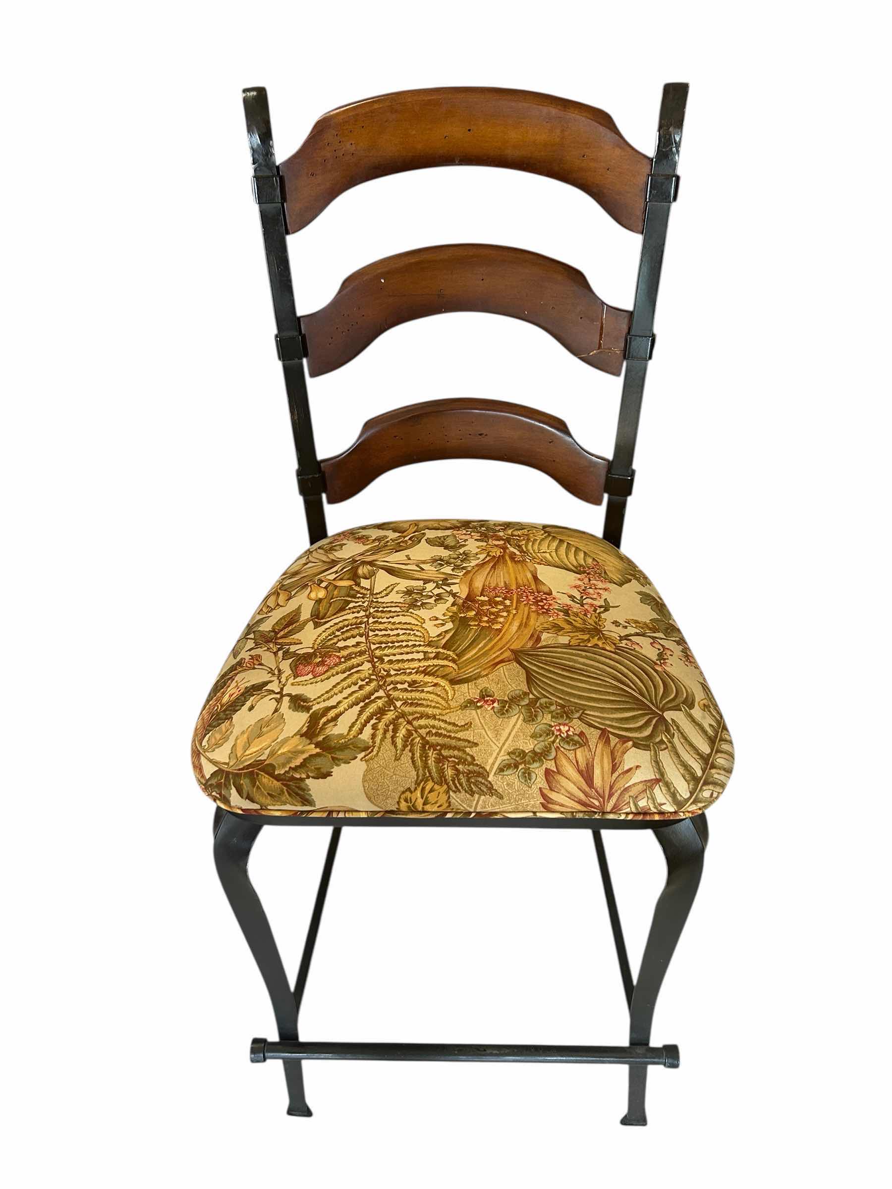 Photo 1 of LADDER BACK WOOD W IRON BARSTOOL W FLORAL DESIGN FABRIC SEAT-SEAT H24"