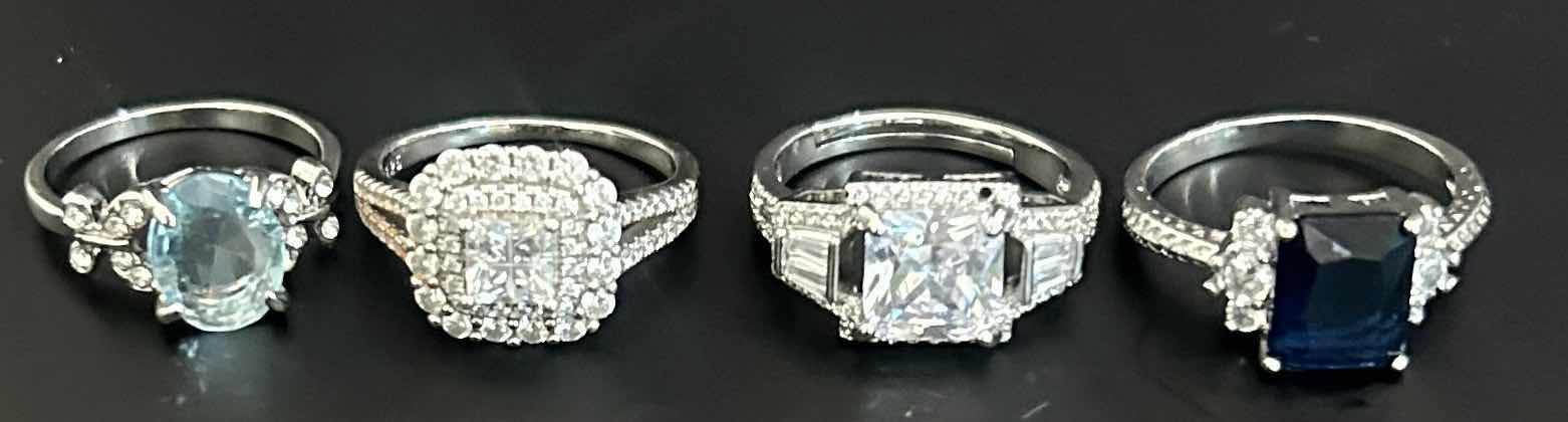 Photo 1 of 4-SILVER-TONE W FAUX GEMSTONE RINGS (APPROX SIZE 7-8)