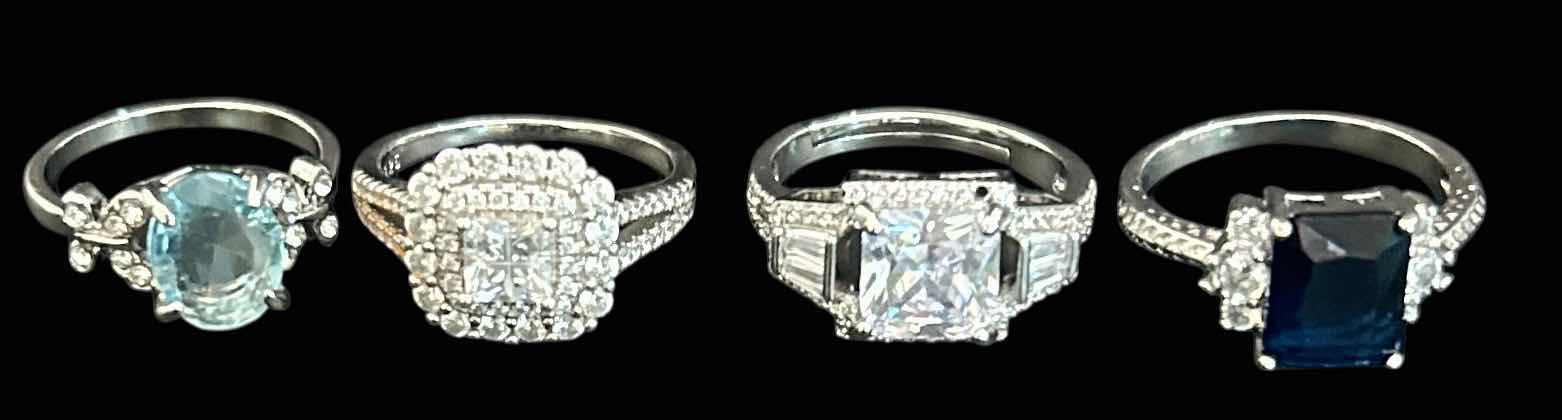 Photo 1 of 4-SILVER-TONE W FAUX GEMSTONE RINGS (APPROX SIZE 7-8)