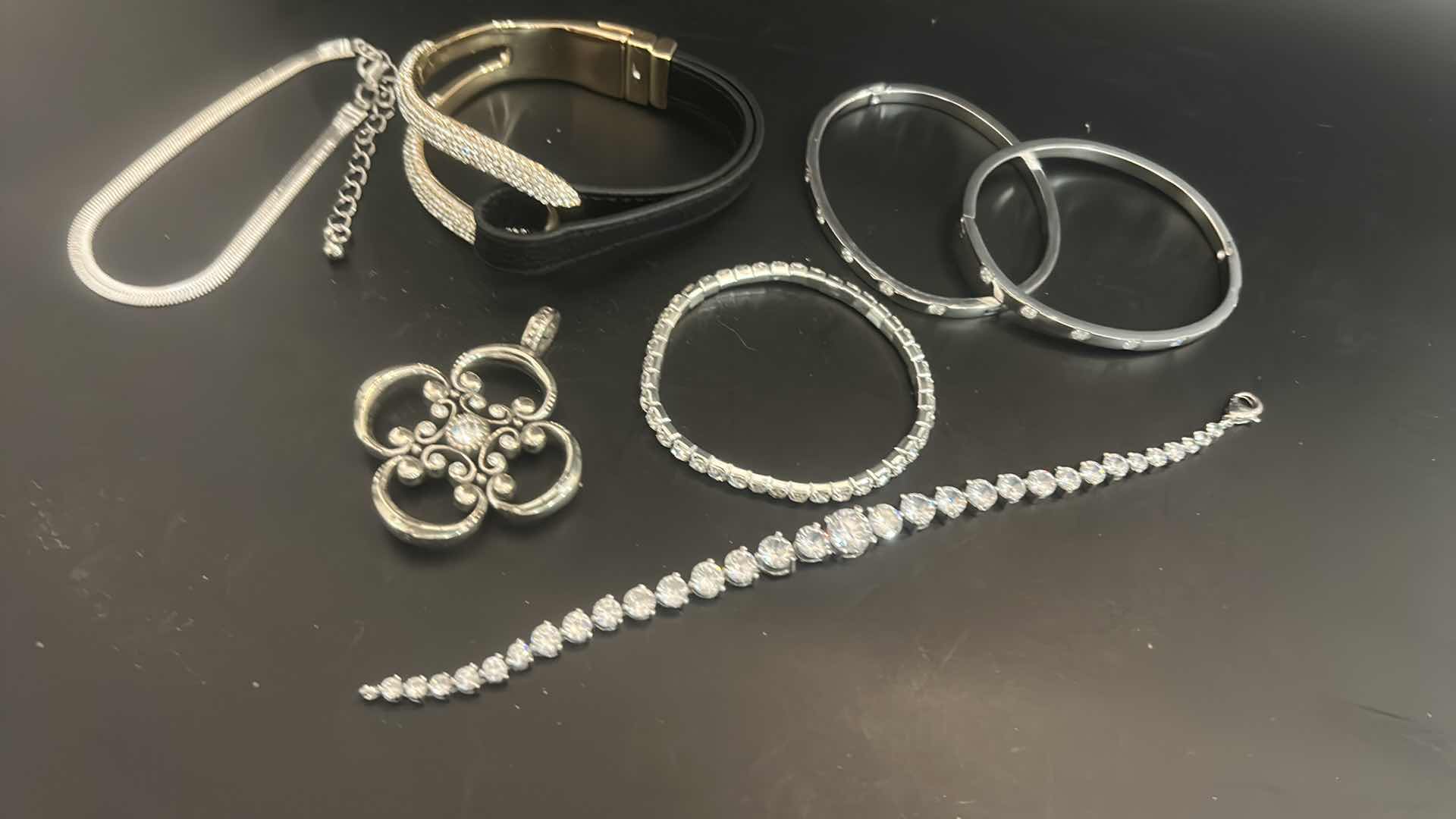 Photo 1 of 6-SILVER-TONE & FAUX DIAMOND BRACELETS, ANTIQUE SILVER-TONE PENDANT
