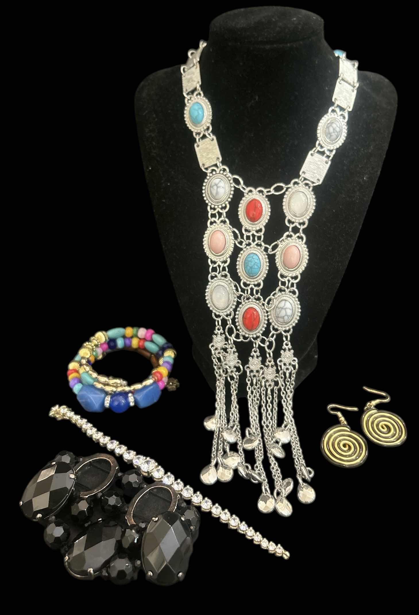 Photo 1 of SILVER-TONE JEWELED CHOKER NECKLACE, 3-BRACELETS, SNAIL SHAPED DANGLED EARRINGS