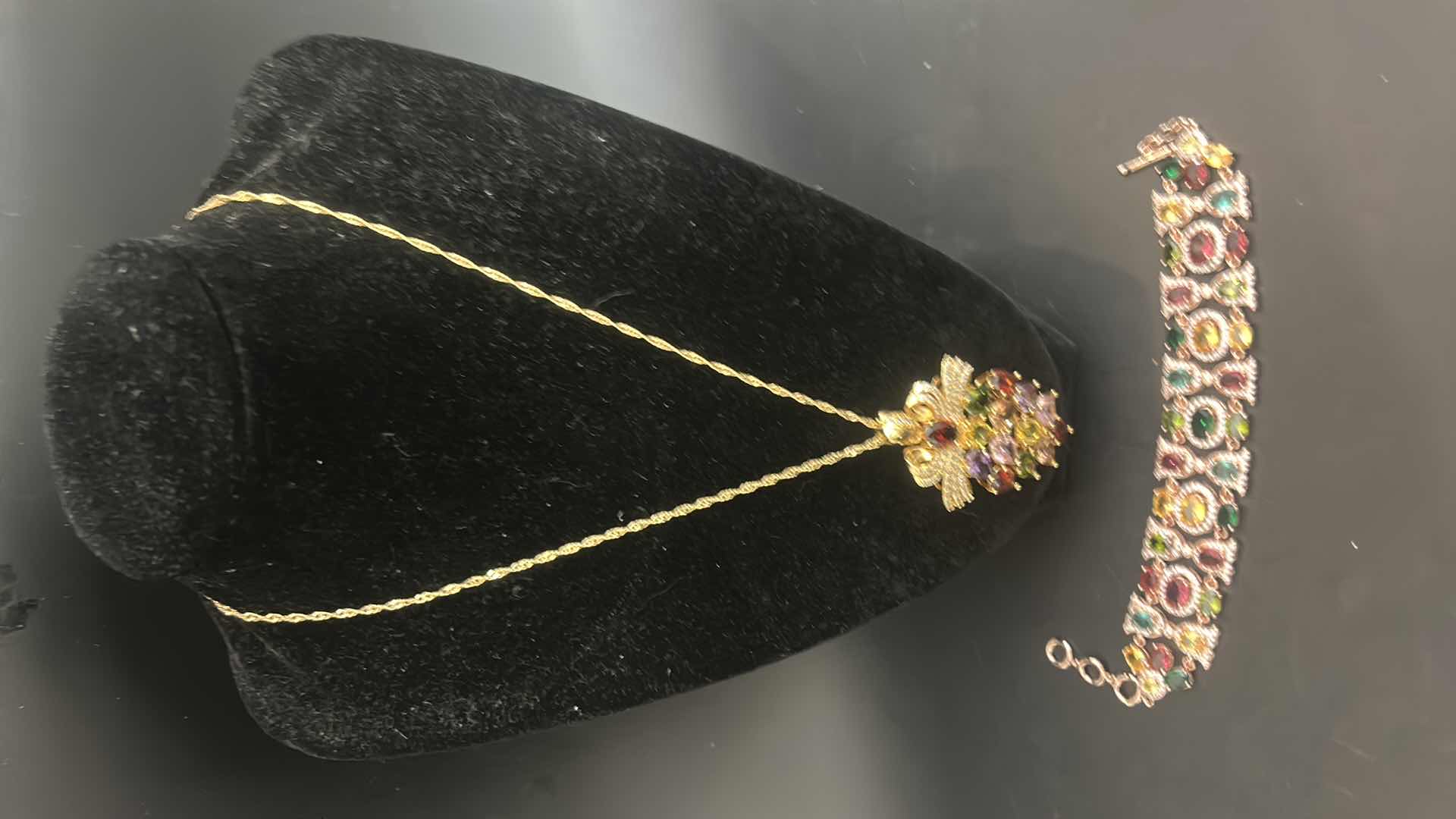 Photo 1 of GOLD TONE MULTICOLORED FAUX GEMSTONE NECKLACE W MATCHING EARRINGS