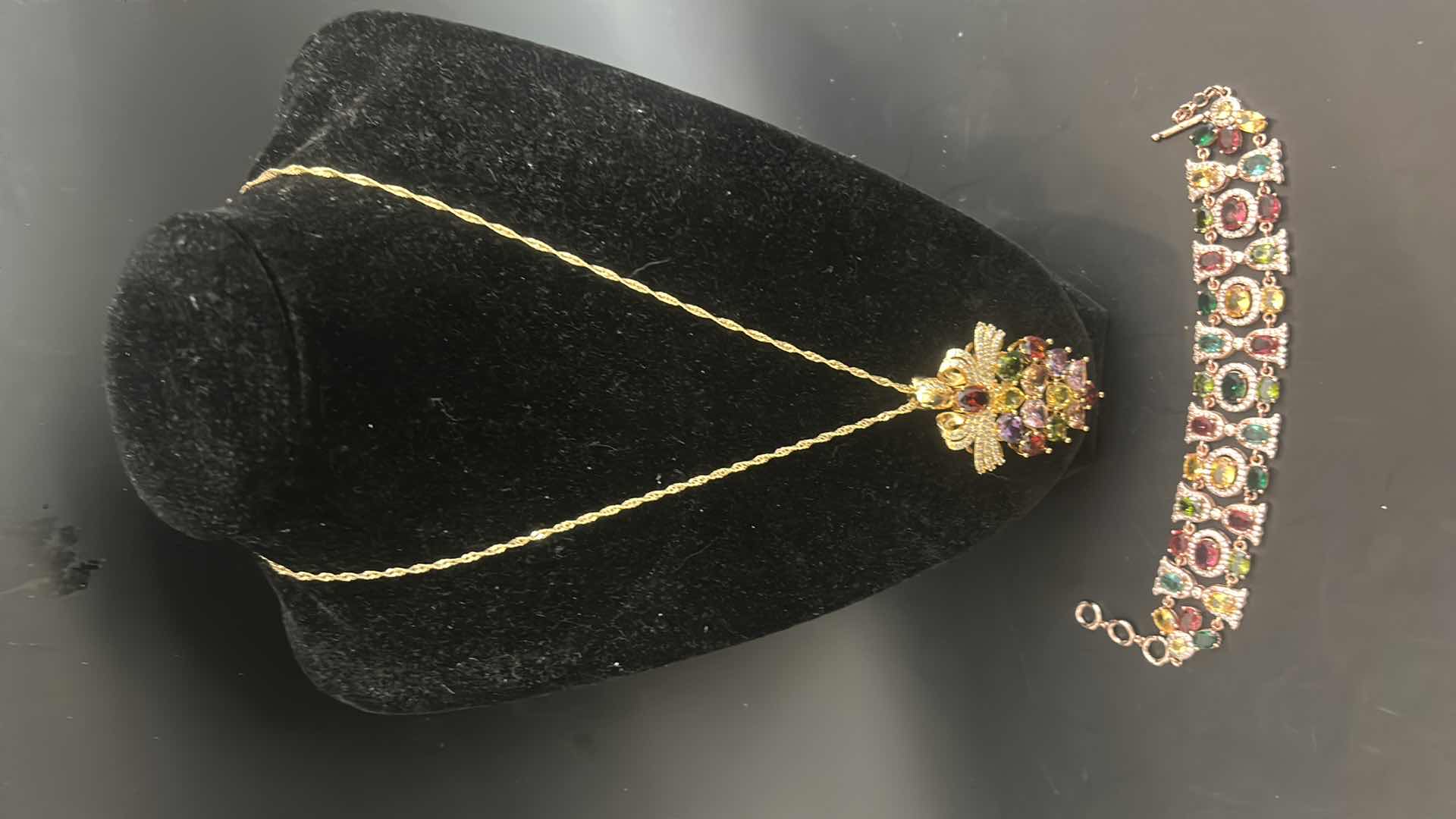 Photo 1 of GOLD TONE MULTICOLORED FAUX GEMSTONE NECKLACE W MATCHING EARRINGS