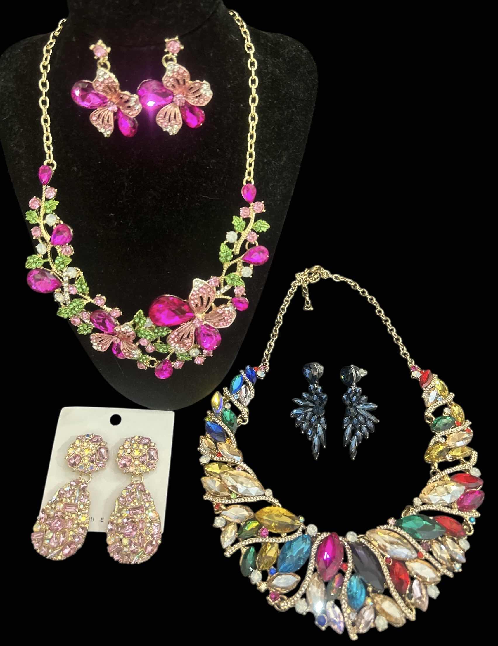 Photo 1 of 2-BIB JEWELED GOLD TONE NECKLACES W 3-JEWELED DANGLED EARRINGS