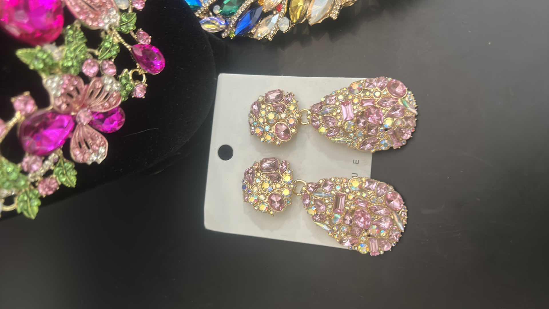 Photo 1 of 2-BIB JEWELED GOLD TONE NECKLACES W 3-JEWELED DANGLED EARRINGS