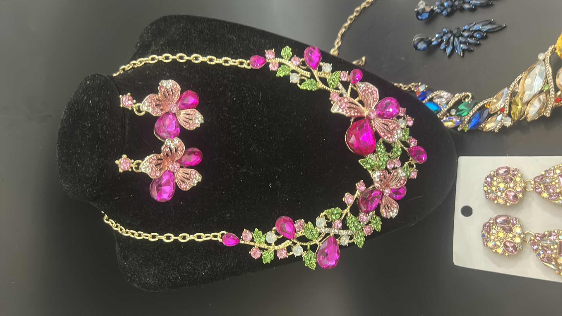 Photo 1 of 2-BIB JEWELED GOLD TONE NECKLACES W 3-JEWELED DANGLED EARRINGS