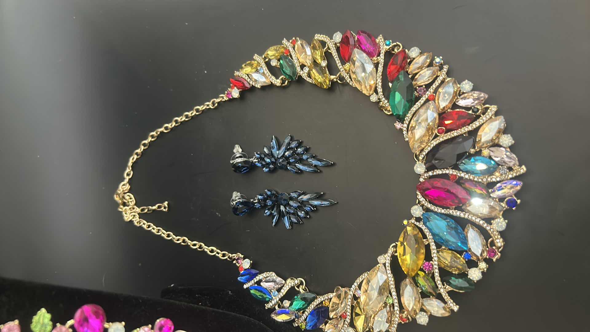 Photo 1 of 2-BIB JEWELED GOLD TONE NECKLACES W 3-JEWELED DANGLED EARRINGS