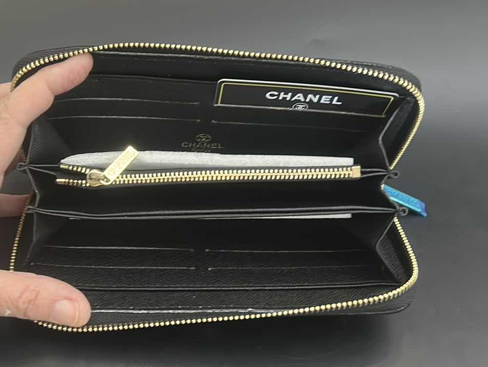 Photo 1 of  AUTHENTIC "CHANEL" BLACK QUILTED CAVIAR LEATHER W GOLD-TONE CC HARDWARE WALLET (WITH COA)